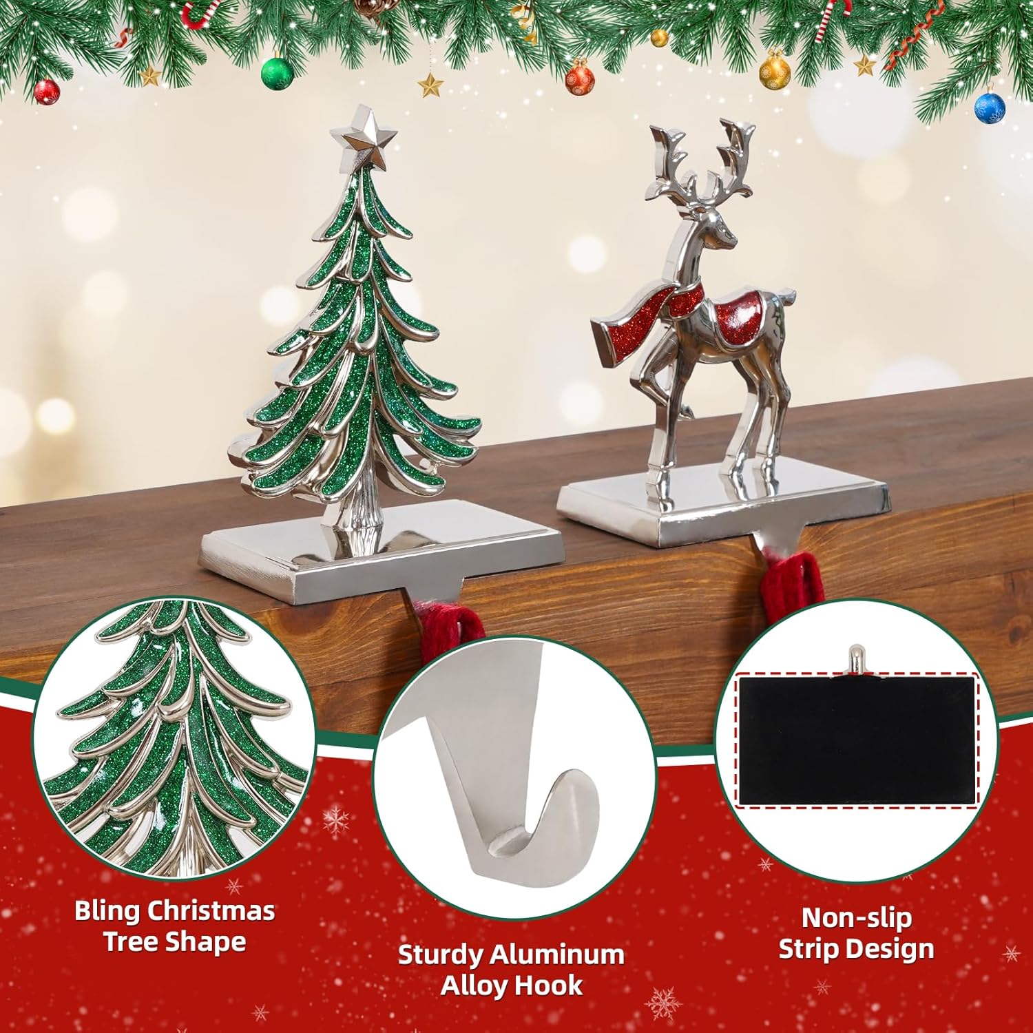 G GOOD GAIN Christmas Stocking Holders for Mantle - Set of 2 Christmas Tree Deer Weighted Stocking Hangers with Non-Slip Base Silver Sturdy Metal Hooks for Fireplace Shelf Counter Holiday Decorations
