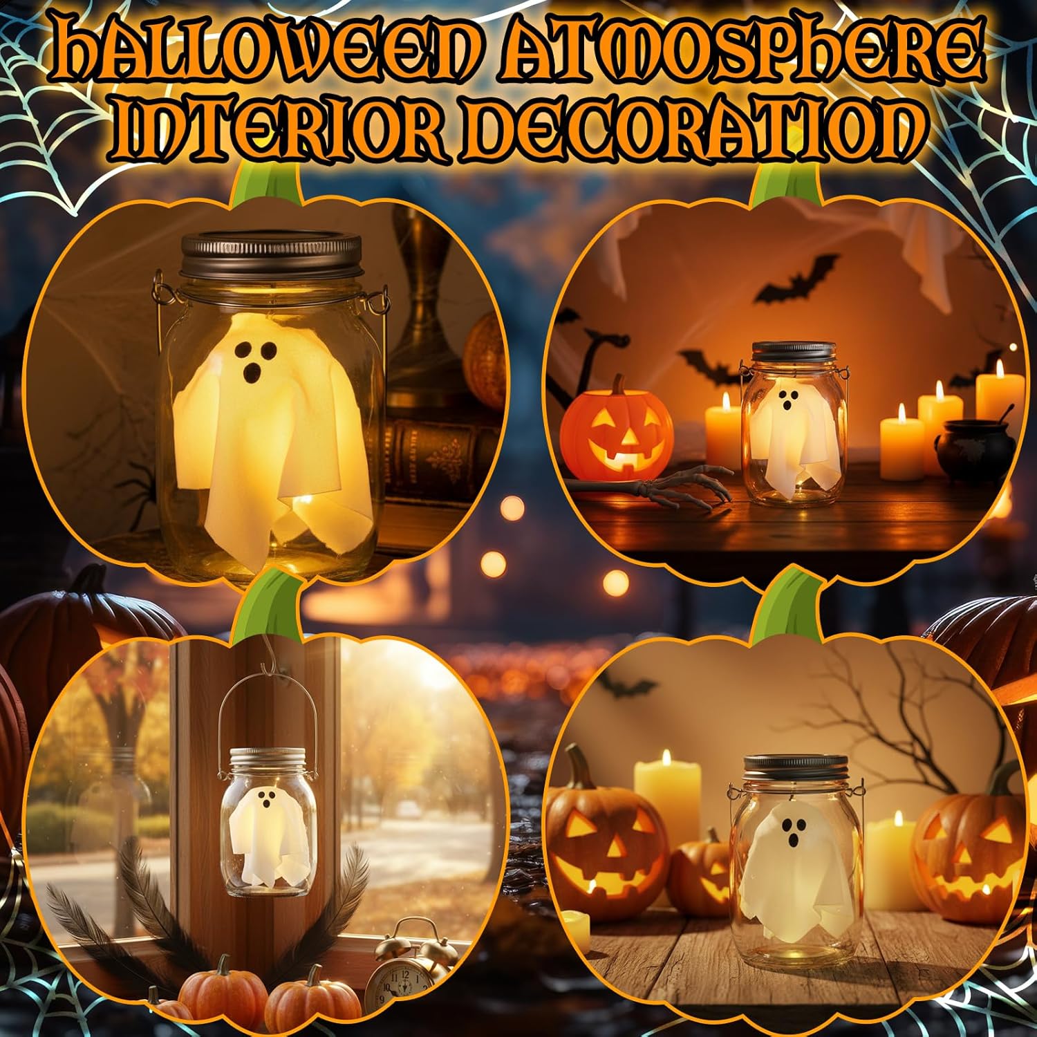 Jetec ハロウィンライトアップゴーストメイソンジャー ソーラーグローキュートタイマーゴーストグラス ライト付き ハロウィン ホー