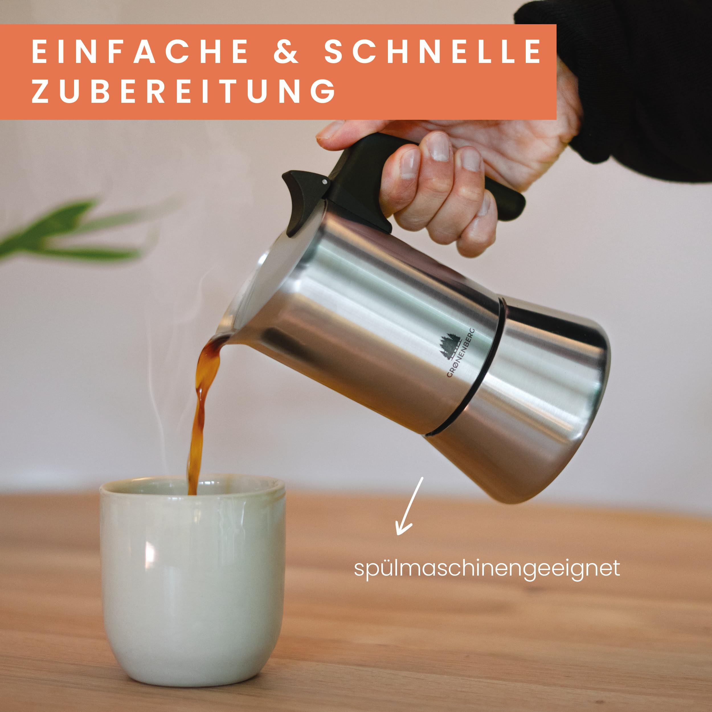 Groenenberg Espressokocher Induktion + Reduziersieb I Edelstahl Mokkakanne 4 oder 6 Tassen Espresso I Espressokanne inkl. Ersatzdichtung