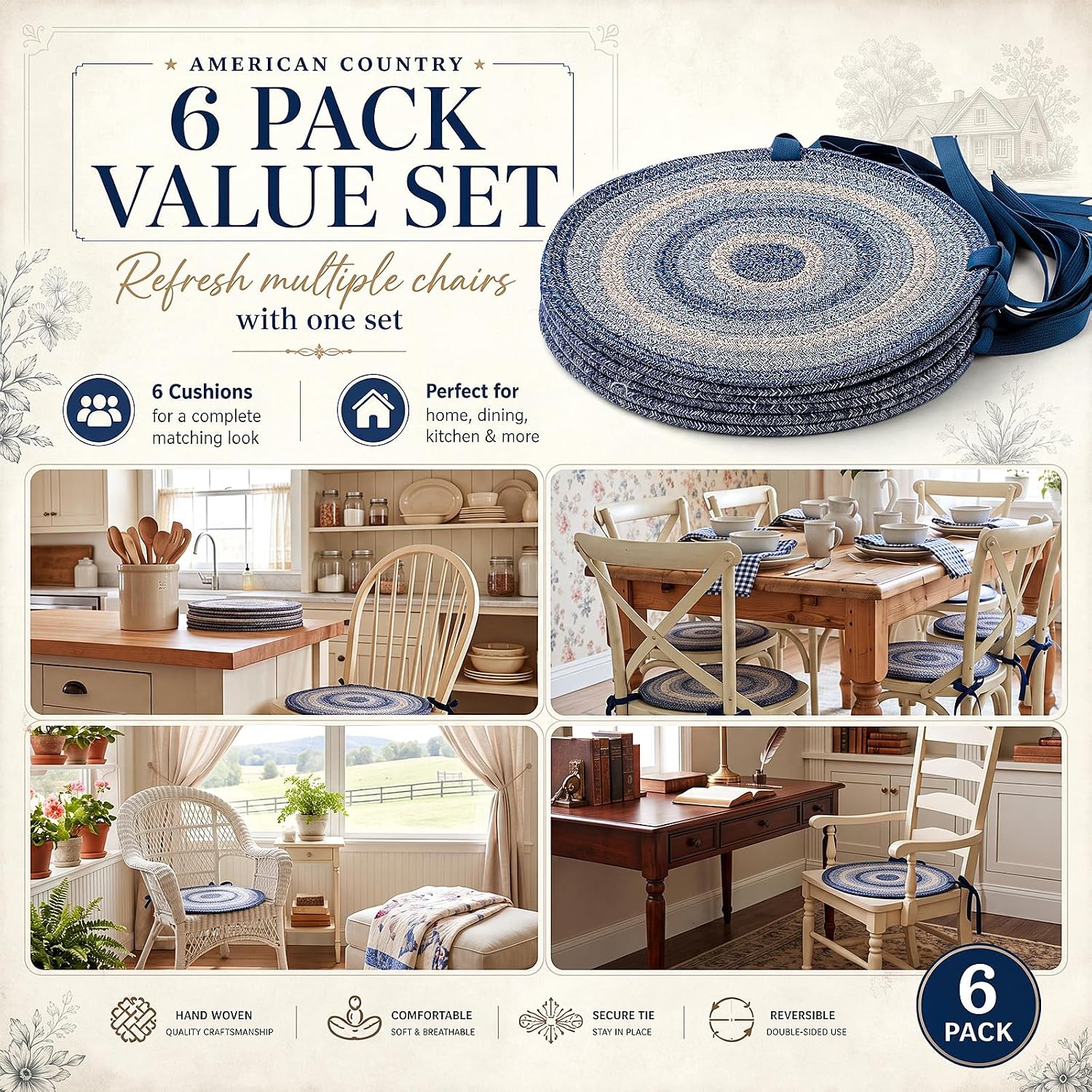SiliFine 6 Pcs Round Chair Cushions 15 x 15 Jute, Blue White, No Slip Ties