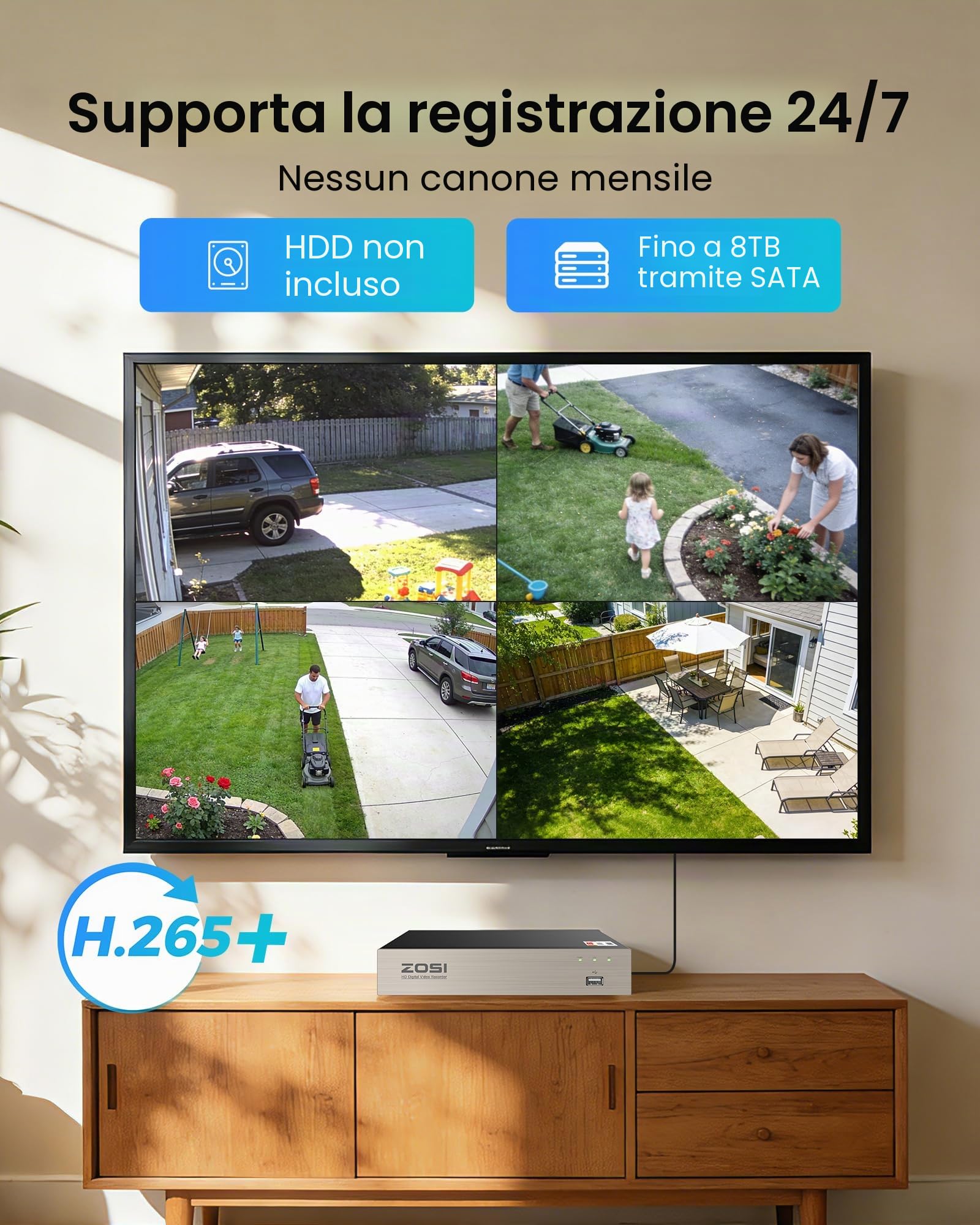 ZOSI 1080p Kit Videosorveglianza Esterna, 8CH DVR senza HD con 4 Telecamere TVI, Rilevazione di Movimento, Sistema di Sorveglianza, Controllo Remoto, IR Visione Notturna 24m