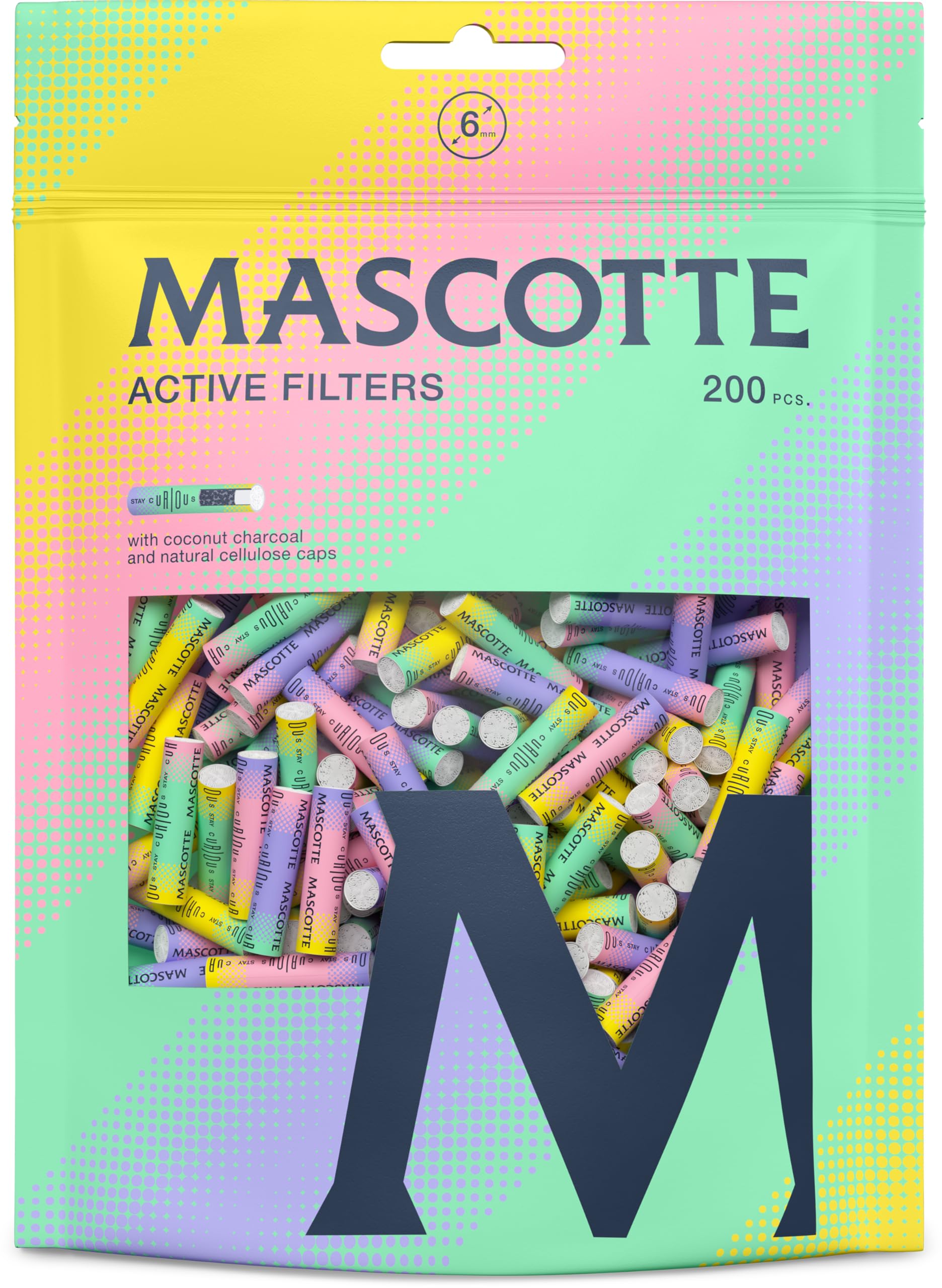 Mascotte BRIGHT Colors Active Filters 1 worek po 200 filtrów | filtr z węglem aktywnym 6 mm z ceramiki | dla jeszcze większego komfortu obracania | filtr o długości 27 mm