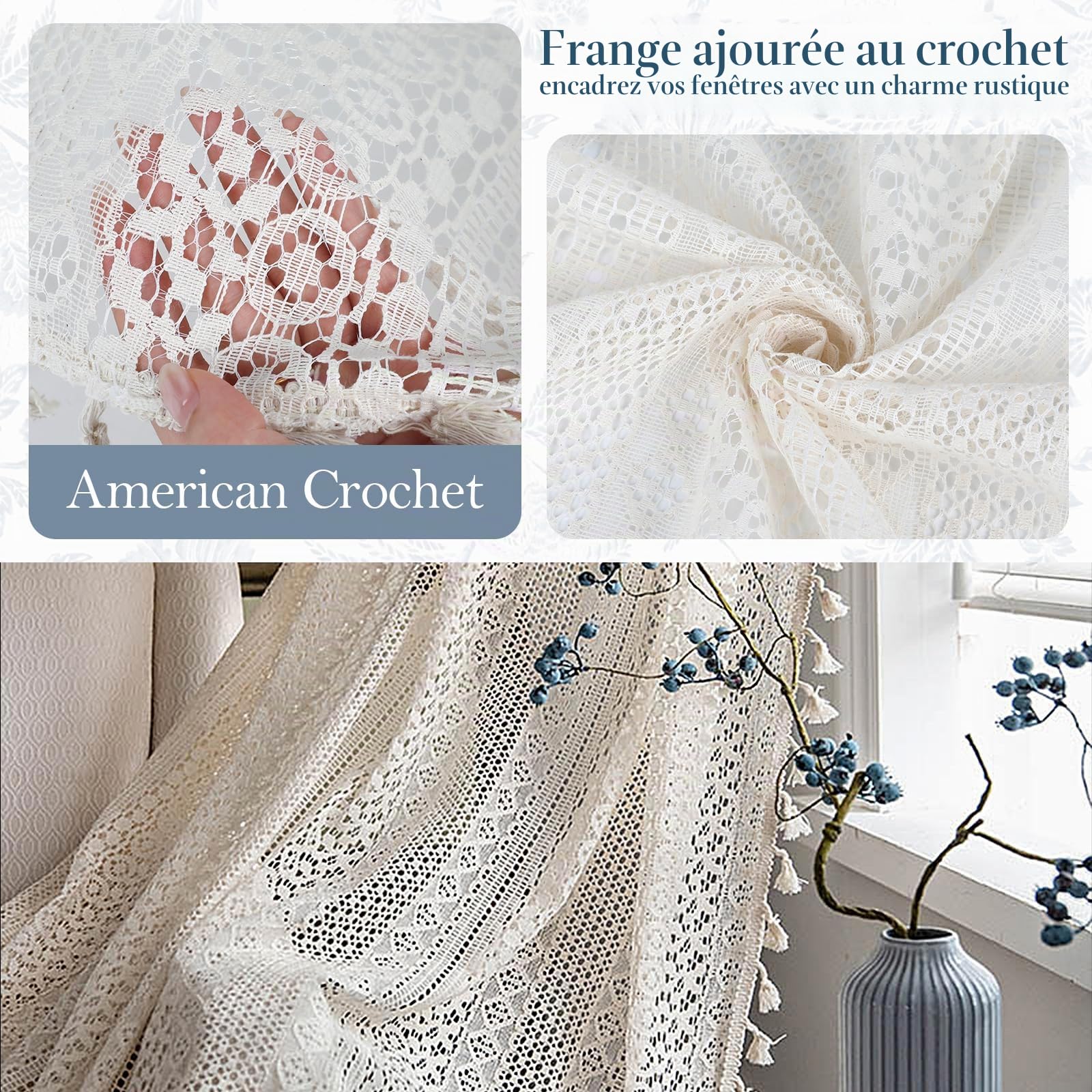Lot de 2 rideaux en voile - Boho - Macramé - Rideaux vintage - Beige - 150 x 160 cm (L x H) - Pour salon, chambre à coucher
