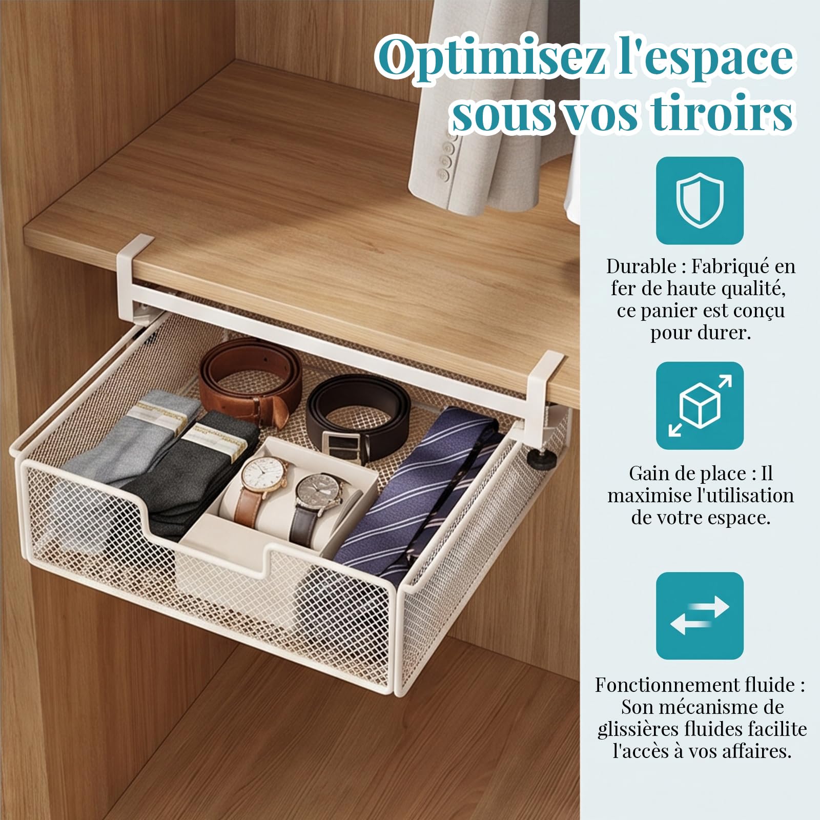 Milageto Panier de Rangement sous Tiroir de Bureau, Grande Capacité, Fer, Blanc