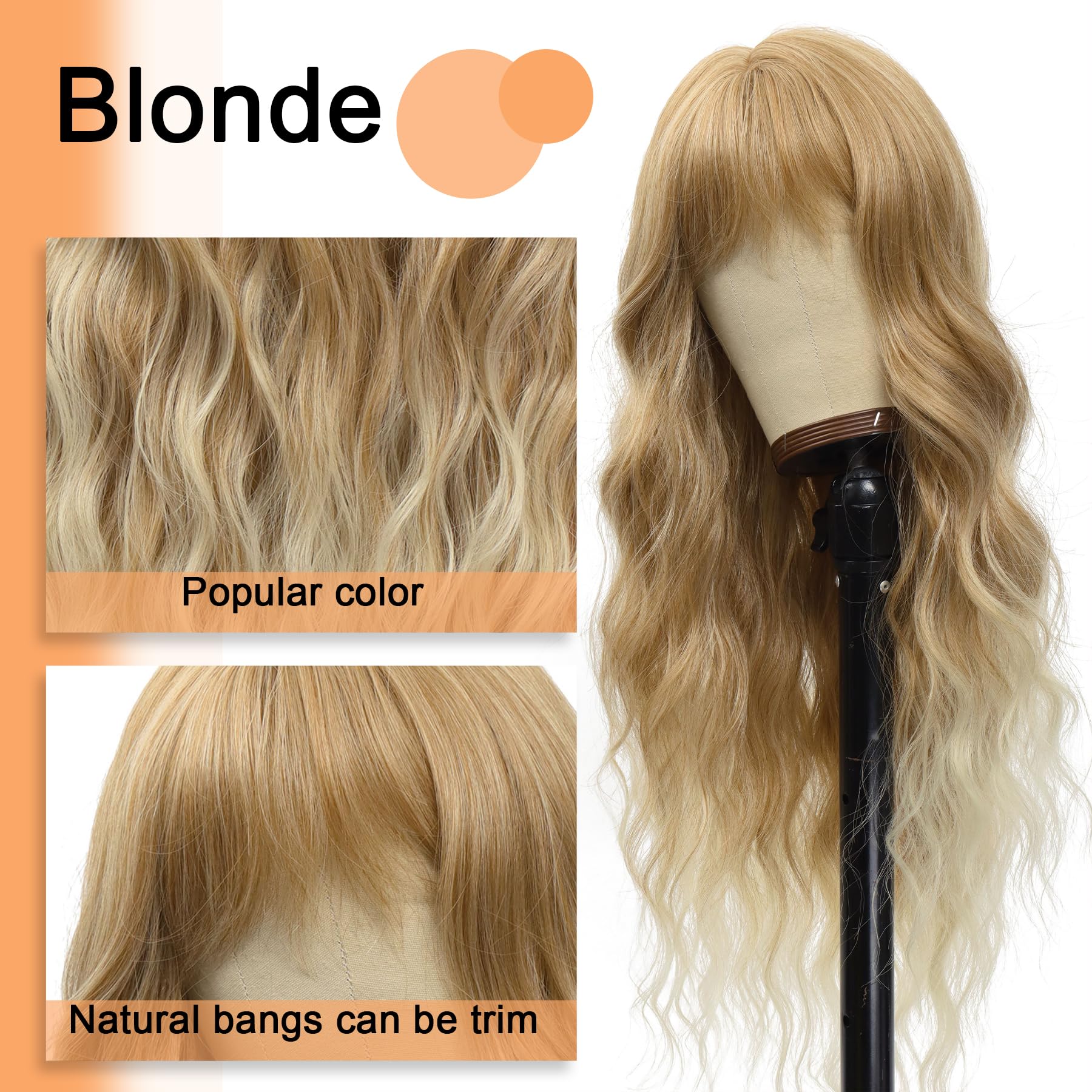 Women\'s Blonde Heat Resistant Long Curly Wavy Synthetic Wig with Bangs Size 26In Synthetic Wigs Long Curly Blonde Wig With Bangs 26 Inch Long  main image 3