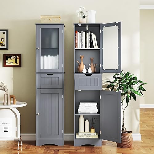 Miniatura 13 de Tangkula Armario de almacenamiento de baño de 67 pulgadas de alto, torre independiente delgada con 2 puertas y 1 cajón, gabinete de piso estrecho