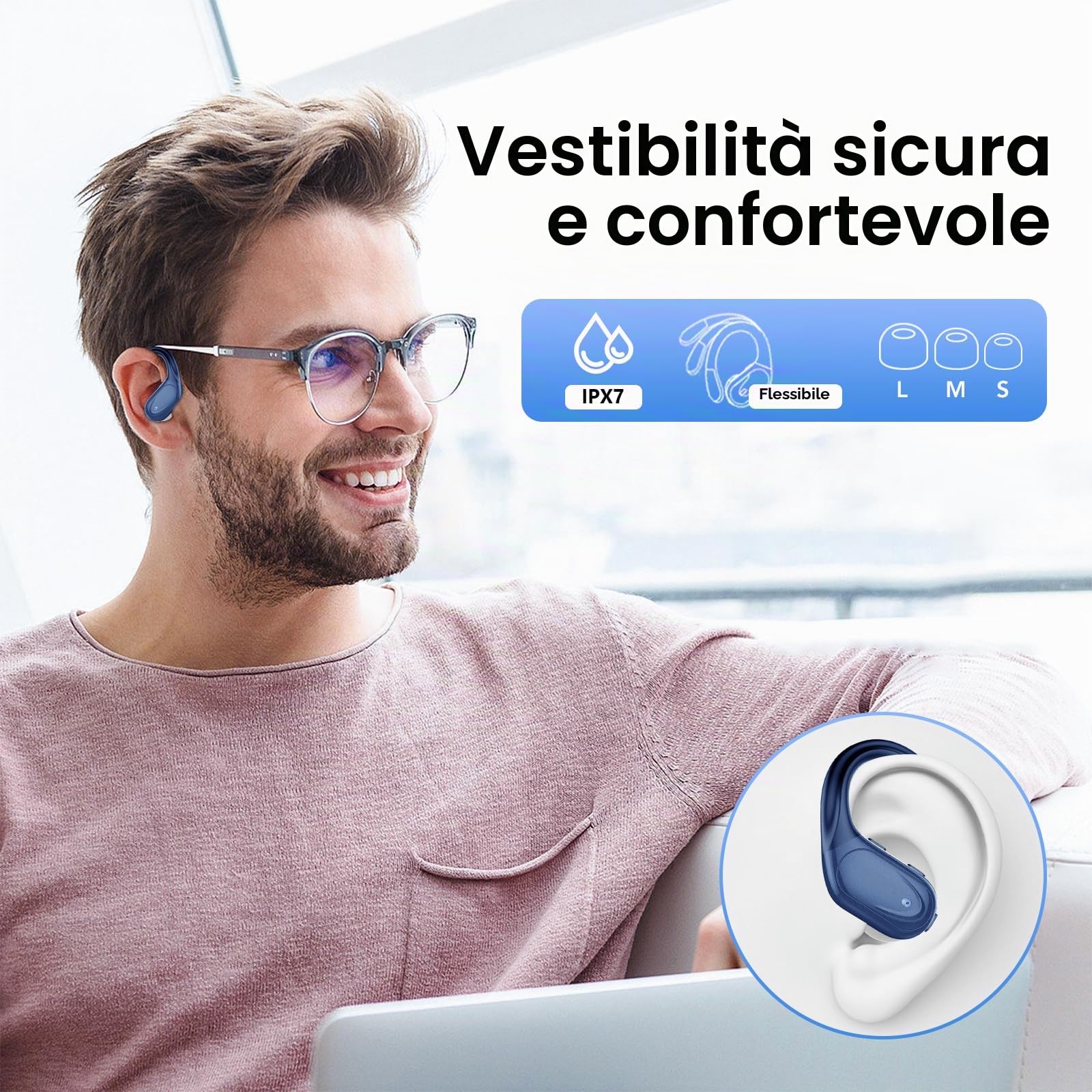Cuffie Bluetooth, Sport Auricolari Bluetooth 5.3 con Gancio per Orecchio, 60H con Indicatore LED per Cassa di Ricarica, Chiamata ENC HD, Vestibilità Comoda, Impermeabile IPX7(Blu Profondo).