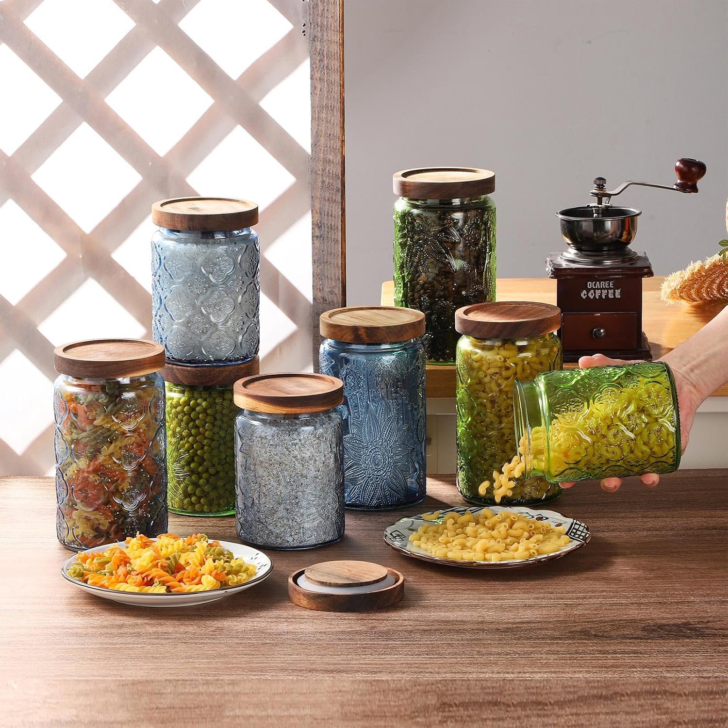 Glass Mason Jars with Airtight lids Decorative Vintage Food Storage Container with Embossed Crabapple Blossom Clear Green Kitchen Canister for Coffee Tea Cookie (Blue Crabapple, Small) image 5