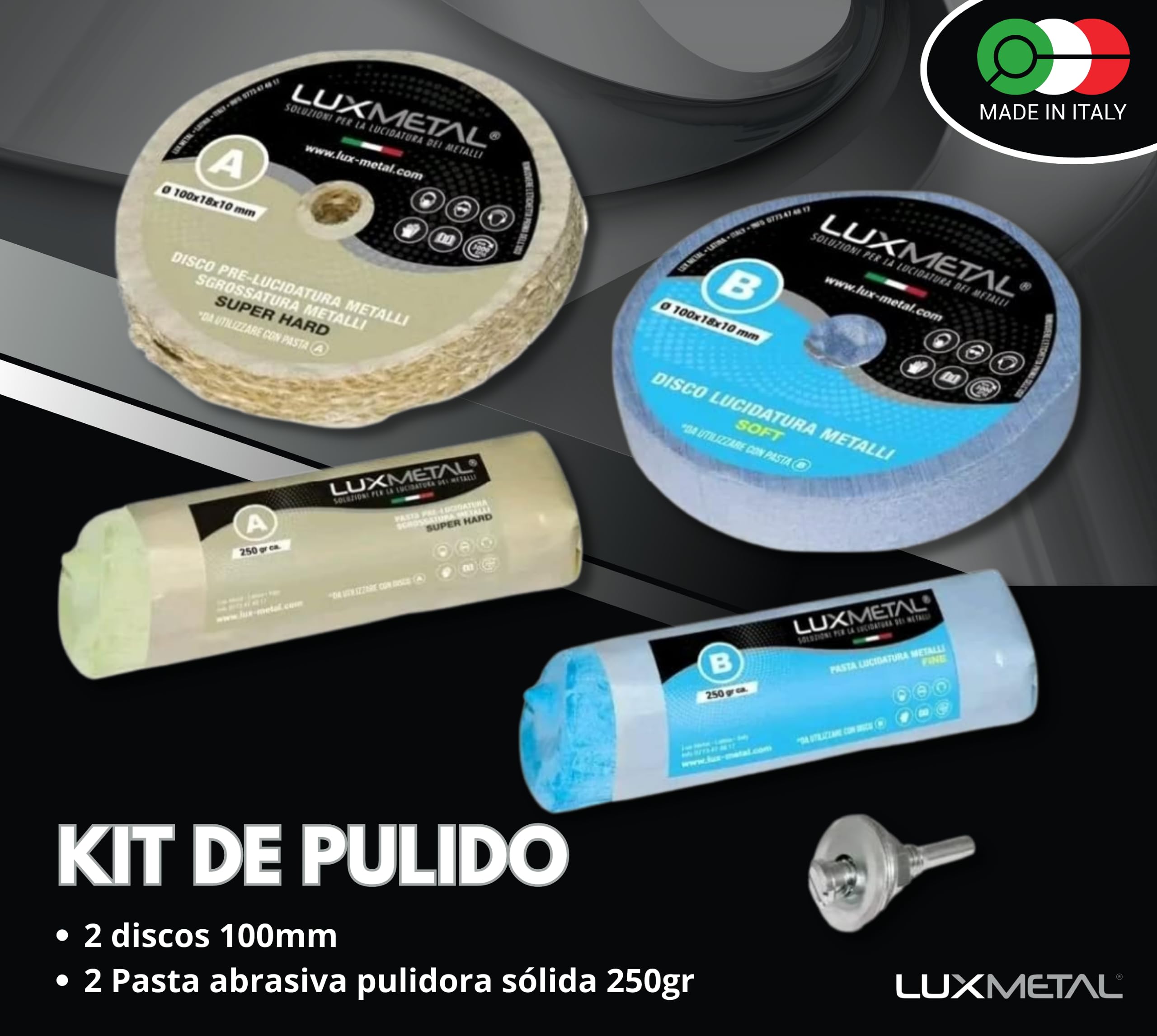 Lux Metal - Kit de Pulido 2 Pasta de Pulido Abrasiva de 250 g y 2 Discos de Pulido 100 mm Sisal Algodón Discos Broca para Pulir Metales Acero Inoxidable Aluminio Set de Pulido Latón Cobre Rueda