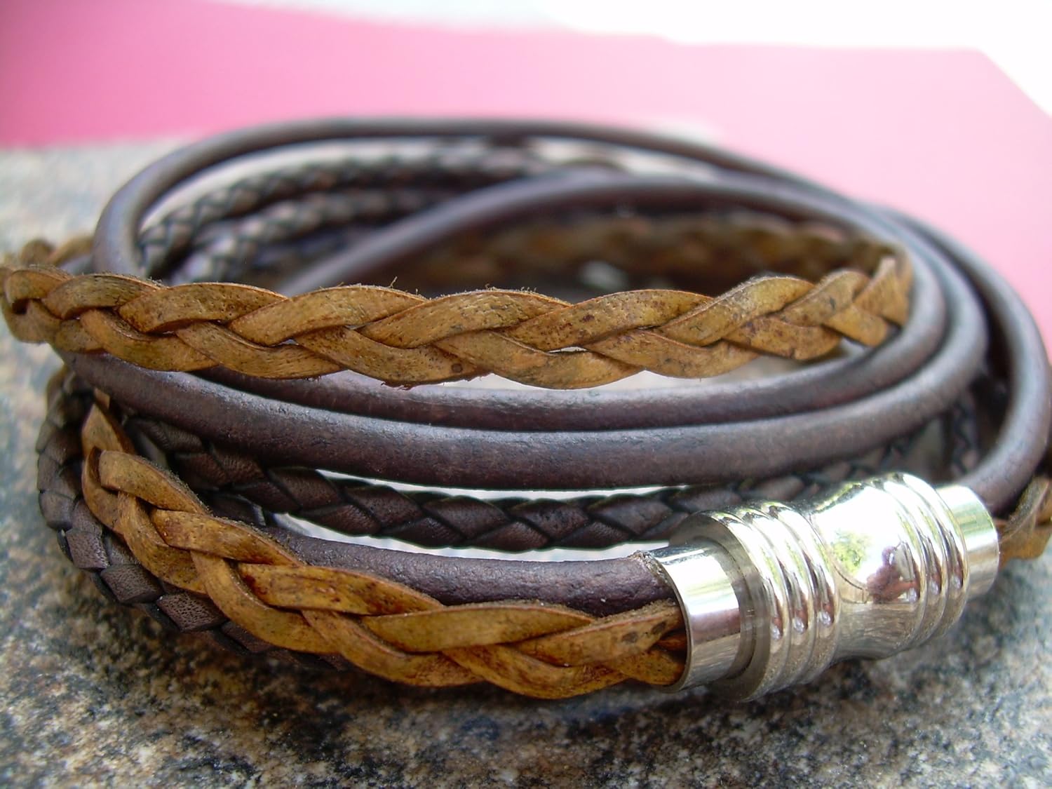 Handmade Brown Leather Bracelet, Stainless Steel Magnetic Clasp, Triple Wrap Bracelet for Men and Women