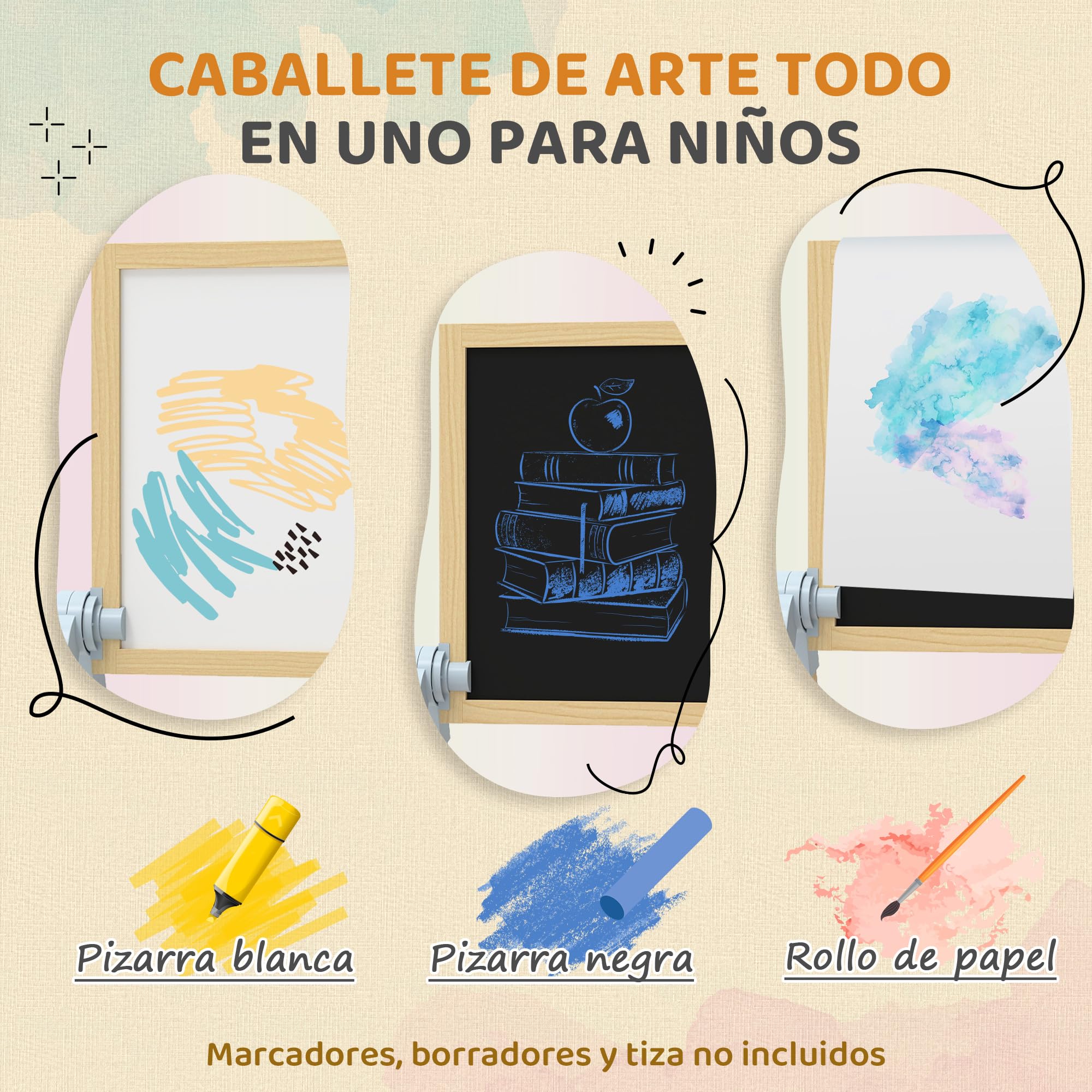 AIYAPLAY Pizarra Infantil Caballete, Altura y Ángulo Ajustable, Caballete de Madera de Doble Cara, Pizarra Blanca Magnética y de Tiza, Rollo de Papel y Bandeja, para Niños 3-6 Años, 48,5x46,5x70-97 cm