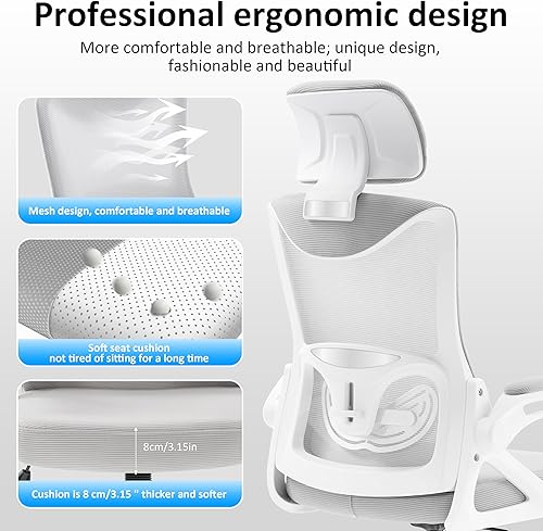 Miniatura 4 de Fizzin Silla de oficina ergonómica, silla de escritorio ergonómica con reposacabezas de malla para computadora con respaldo alto, soporte lumbar
