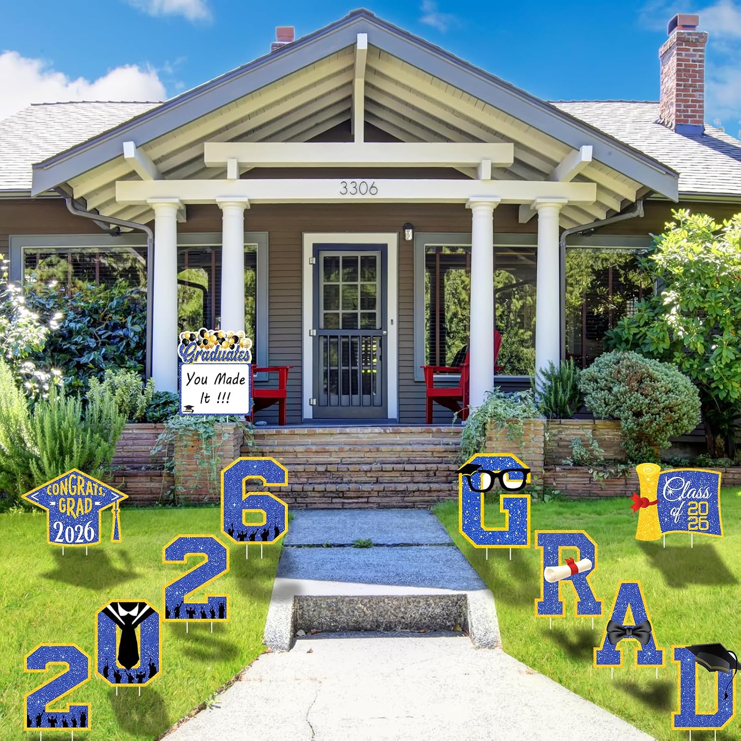 Graduation Decorations 2026 Blue and Gold, 11 Pcs Graduation Yard Signs Class of 2026, 15" Large Shimmering Grad Signs for Lawn Garden Pathway, High School College Grad Party Decor Outdoor