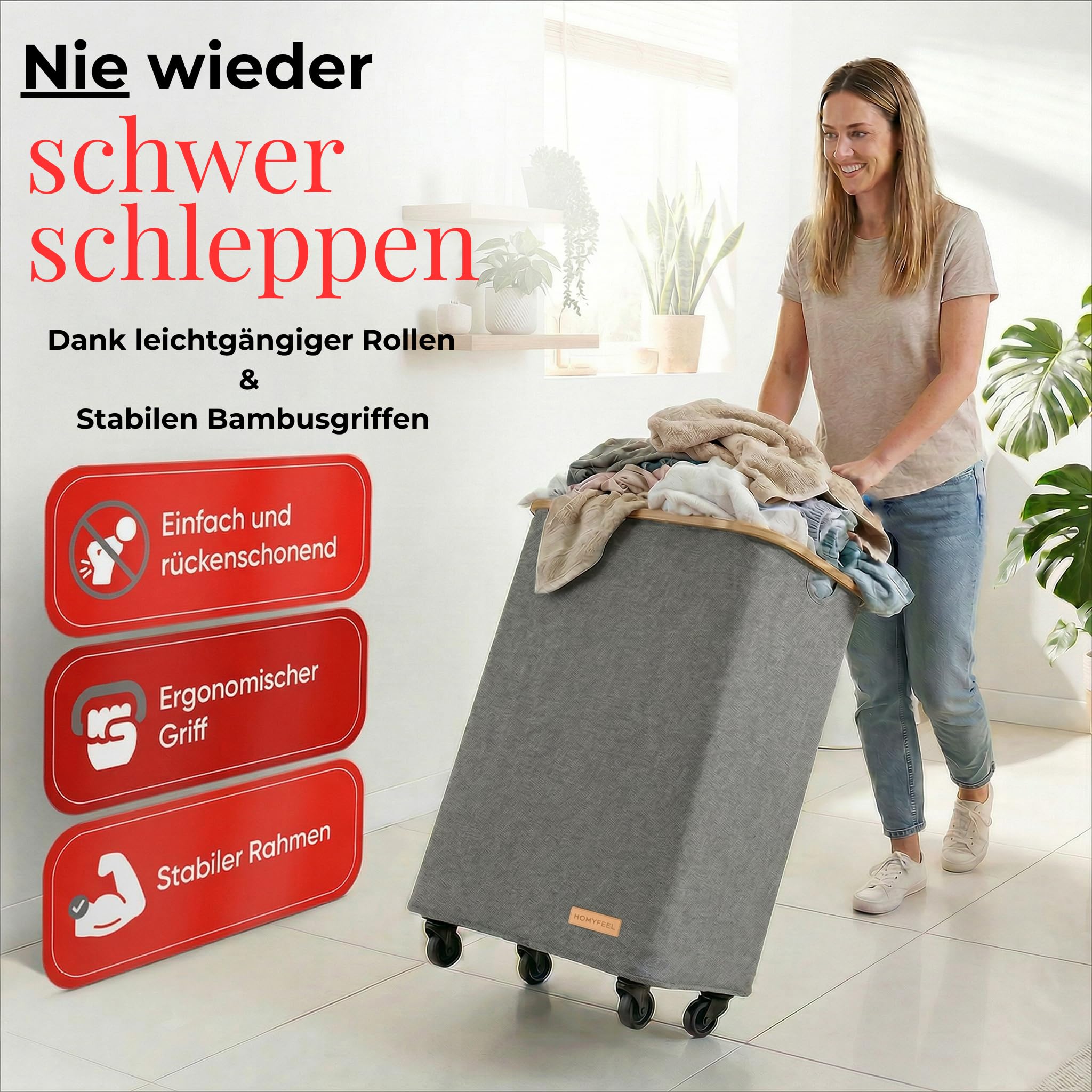 HomyFeel - wäschekorb 3 fächer rollbar, 160L, Wäschesammler mit Deckel, herausnehmbare wäschesack, Wäschekorb faltbar, Oxford Gewebe, Wäschebox auf Rollen, Griffe aus Bambus, 57x37,5x79cm, Grau - 3