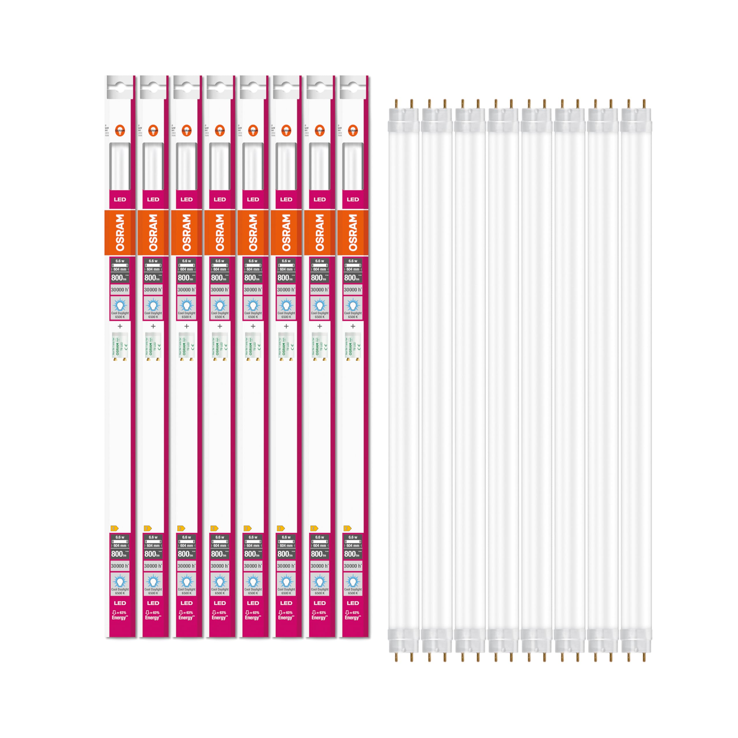 Osram LED Röhre Substitube Pure mit G13 Sockel, Länge: 0.6 Meter, Tageslichtweiß (6500K), 6.6W, Ersatz für klassische 18W-Leuchtstoffröhren, 8er-Pack