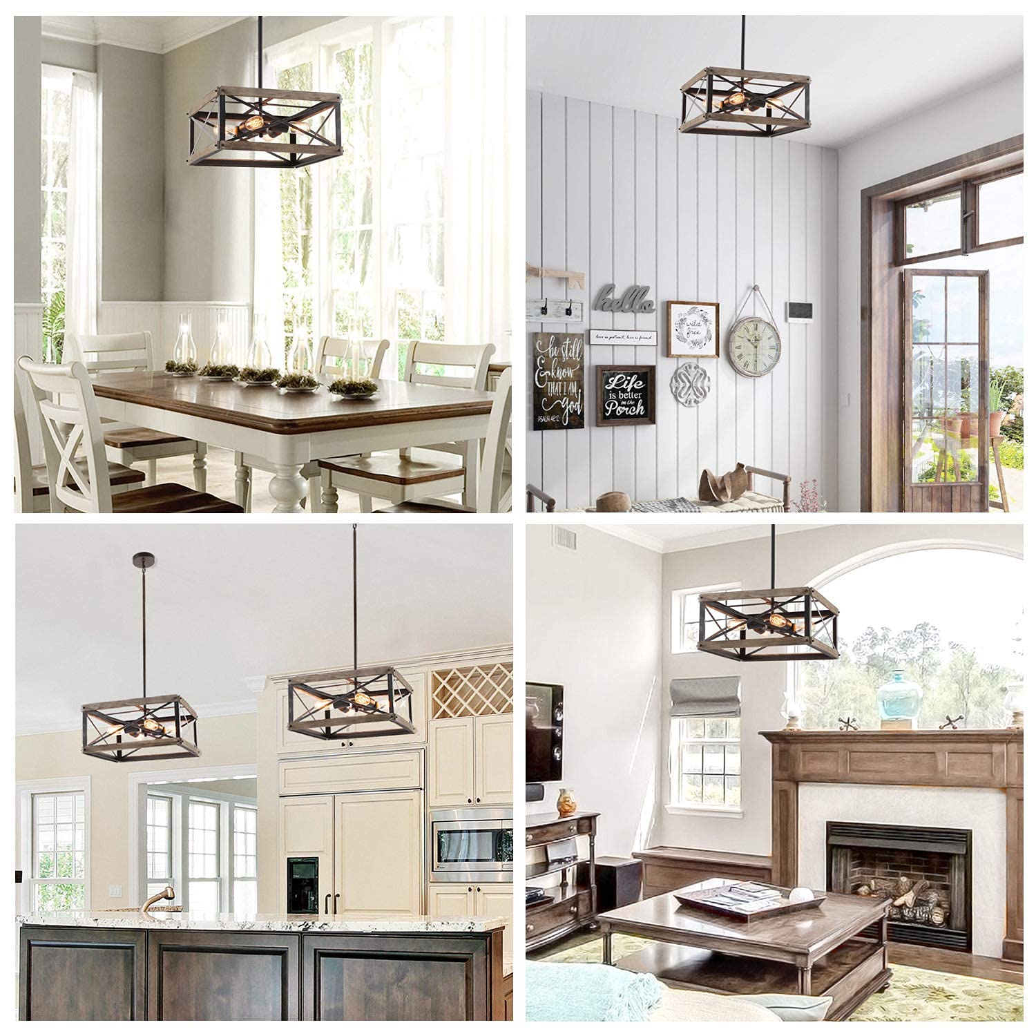 LNC Farmhouse Chandelier Rustic Wood Cage Square Light Fixture for