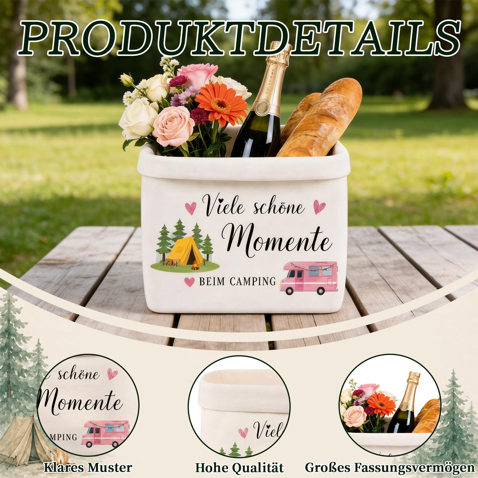 Camping Geschenke Set 4-Teilig, Camper Geschenke Brotkorb Stoff Mit Karte, Schlüsselanhänger Und Umschlag, Wohnwagen Deko Picknick Tasche, Wohnmobil Gadgets Für Frauen Männer