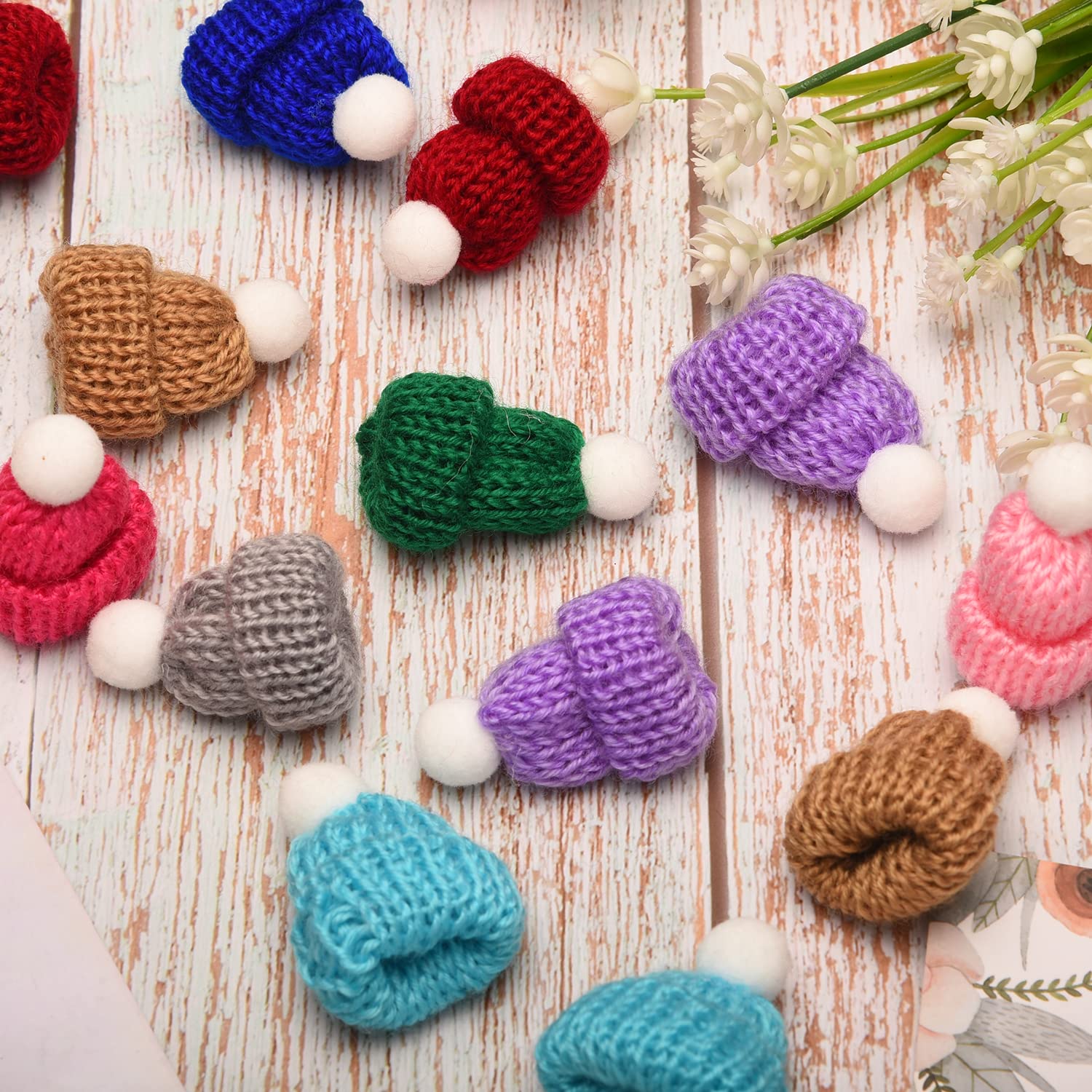 24 Pieces Christmas Mini Knit Hat Tree Ornaments Santa Claus Cap Christmas Party Bottle DIY Handmade Accessories Miniature (12 Colors) - Image 3