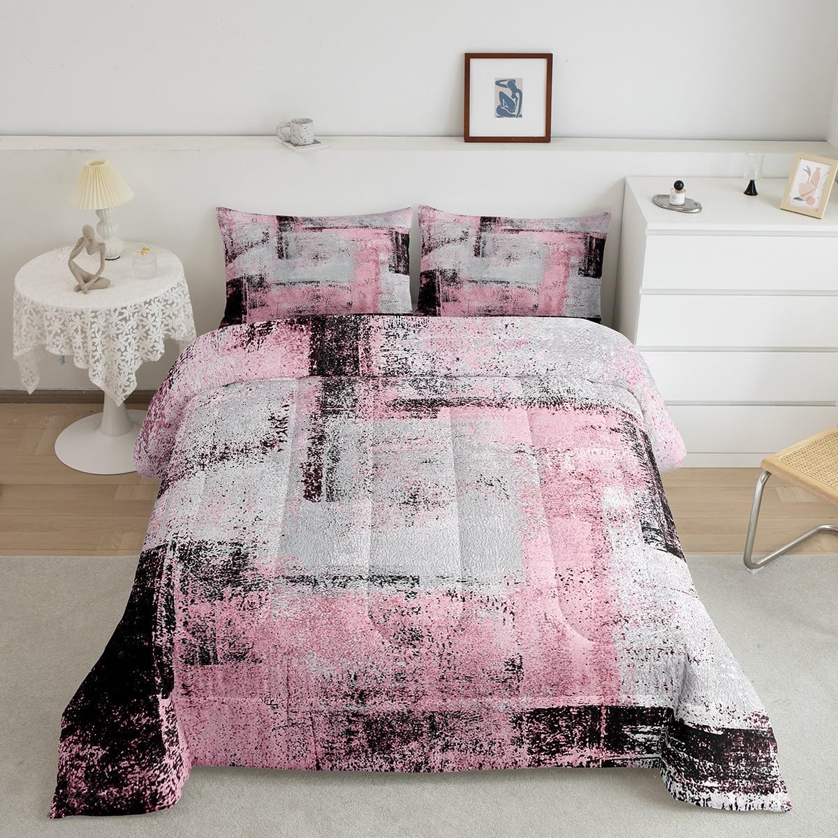 Erosebridal Black Grey Pink Girls Comforter Set Queen Size Modern Abstract Bedding Set for Teen Women Room Decor Oil Painting Aesthetics Comforter Soft Lightweight Quilt Duvet 3 Pcs