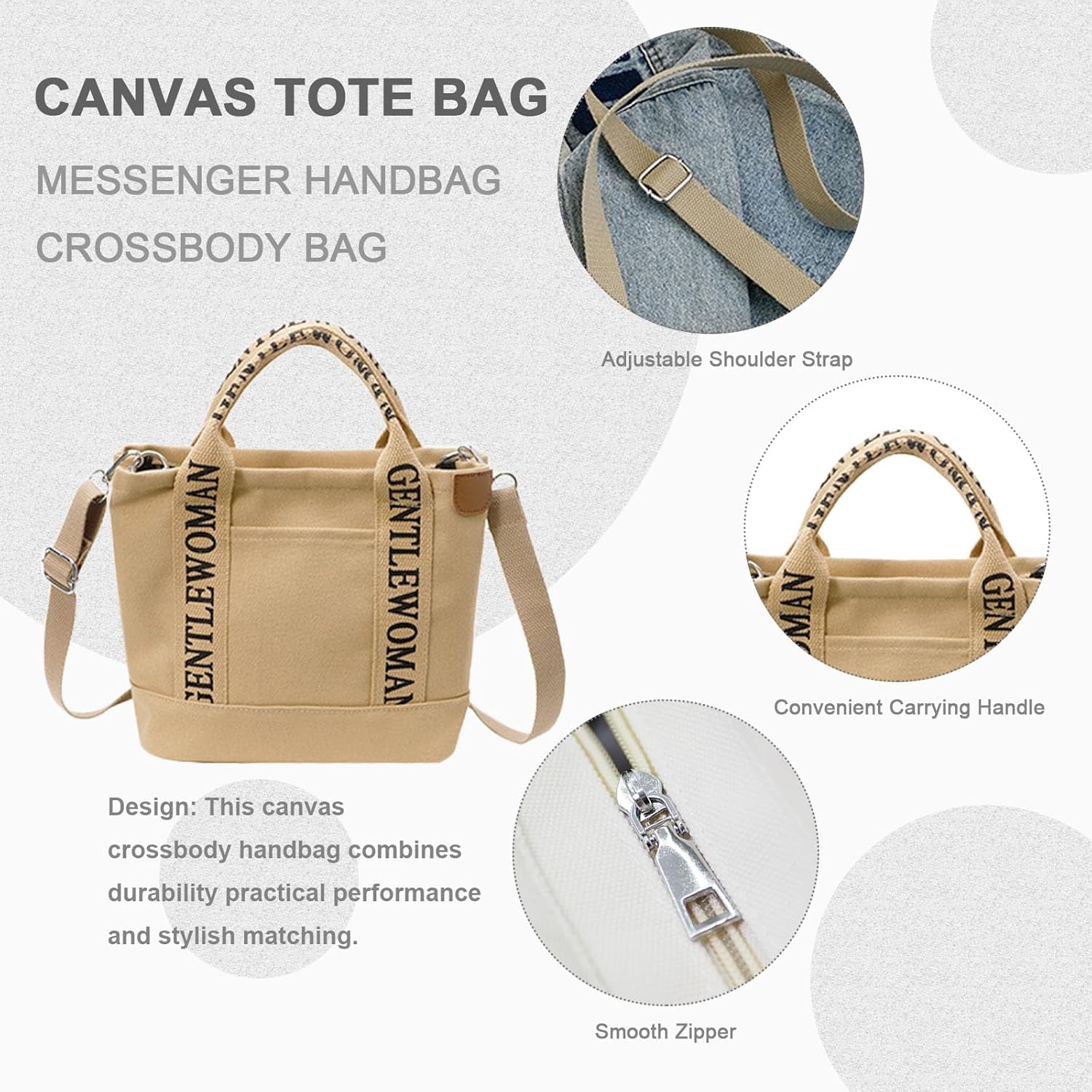 Canvas Tote Bag for Women with Zipper, Messenger Handbag Crossbody Bags for Work Travel Nurse College Gift - Image 3