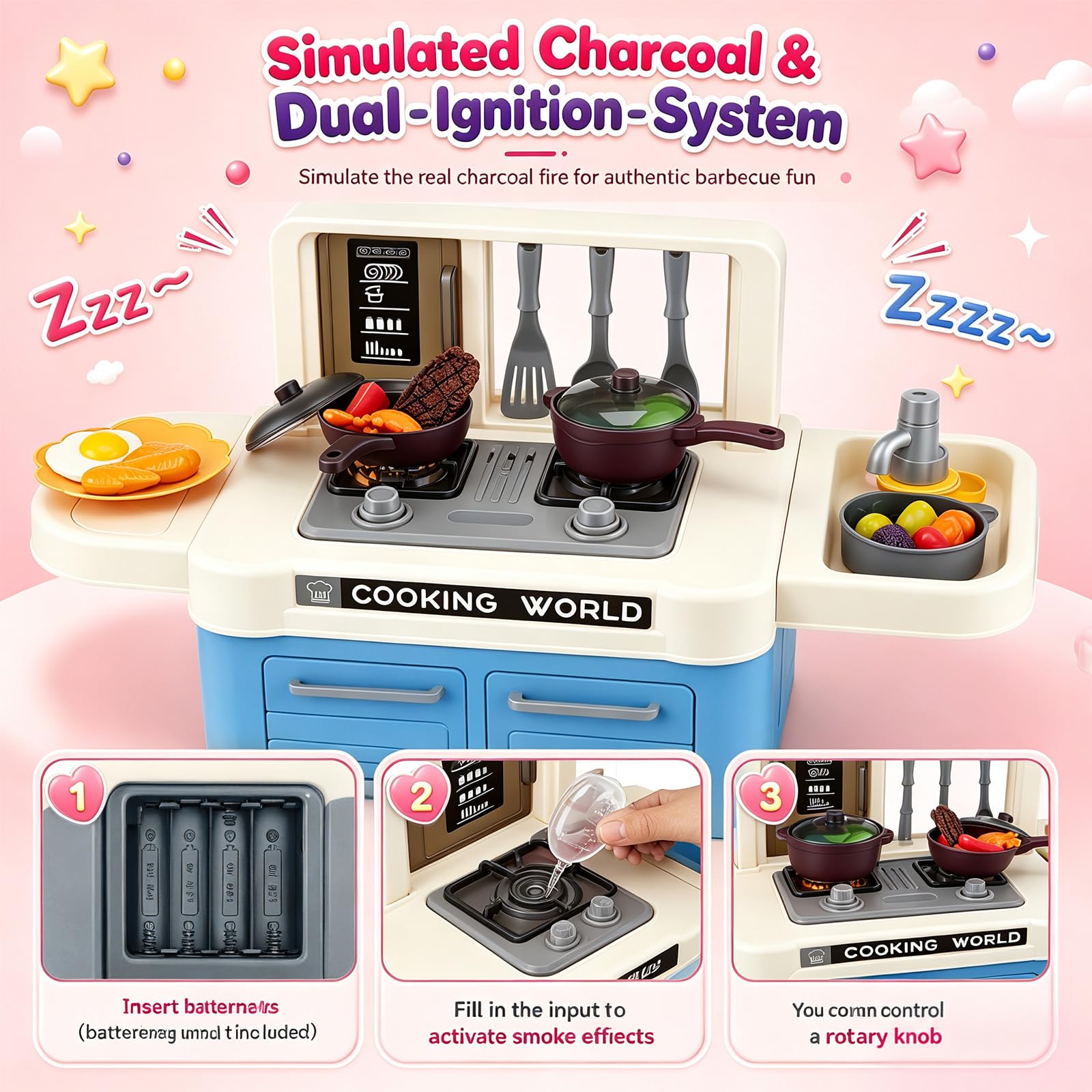 Cuisine Enfant avec 50 Accessoires, Cuisine Jouet avec Lumière, Son & Vapeur, Cuisine Enfant avec Plaque de Cuisson, Évier & Fonction Eau, Cuisine Poupée, Cuisine Jouet pour Enfants dès 3 Ans, Bleu