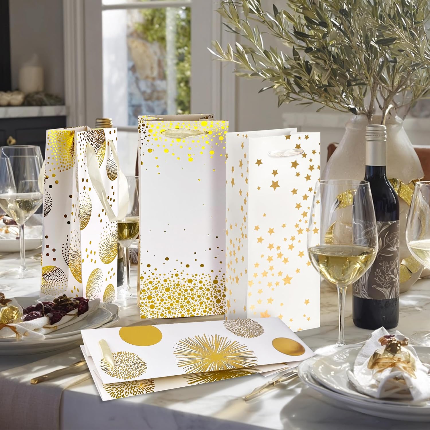 KEEPARTY 18 PCS Wine Gift Bag 5 "x 4" x 13 "Loose Wine Bottle Gift Bag Paper Gift Bag with Handle and Gold Hot Print for Wedding Party Anniversaries - Image 3
