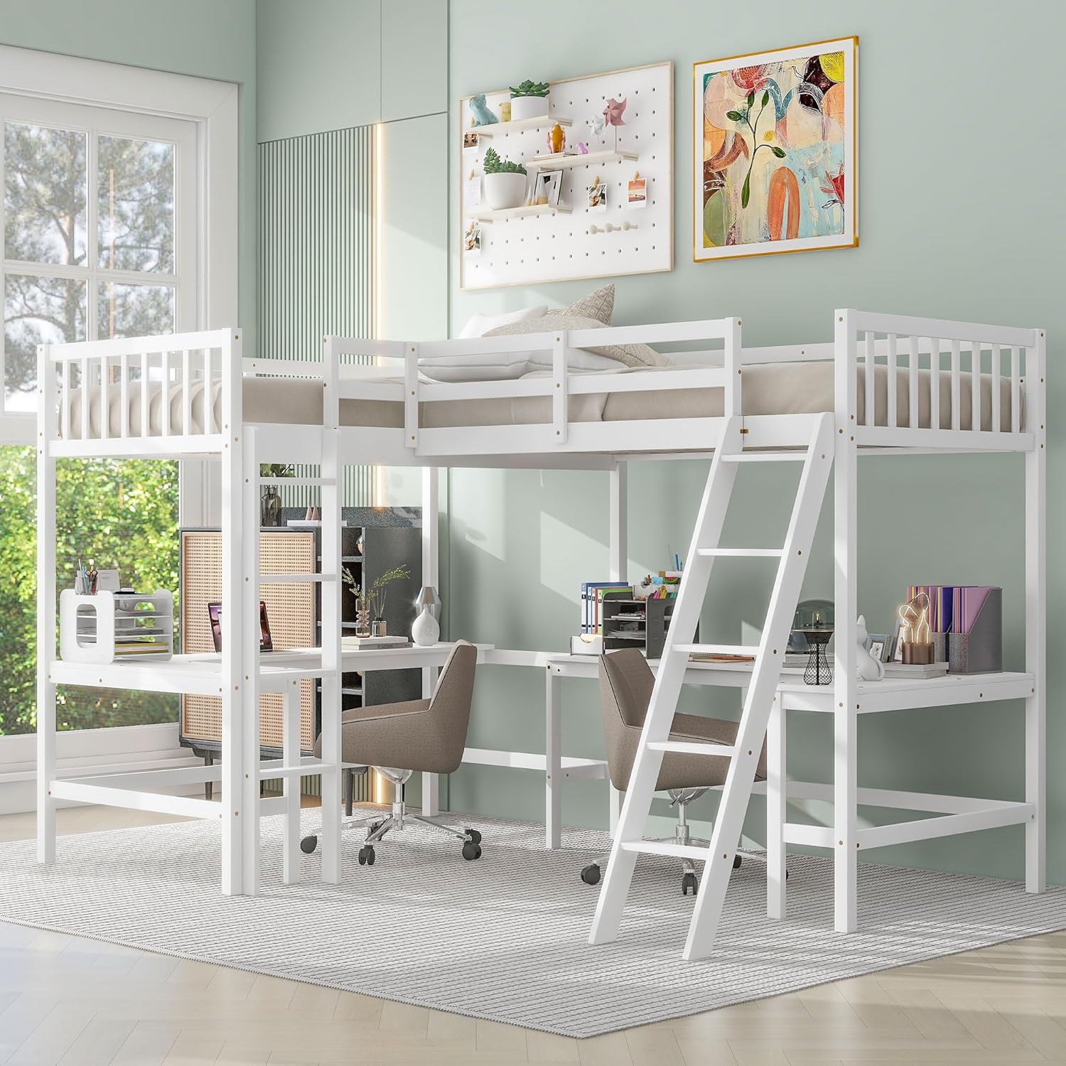 ( incomplete/ box 3 of 3) L Shaped Loft Bed Twin Size, Wood Twin Size Loft Bed with Desk, Ladder and Full Length Guardrail, No Box Spring Needed, L Shaped Beds for 2 Kids, Double Bed Frame White