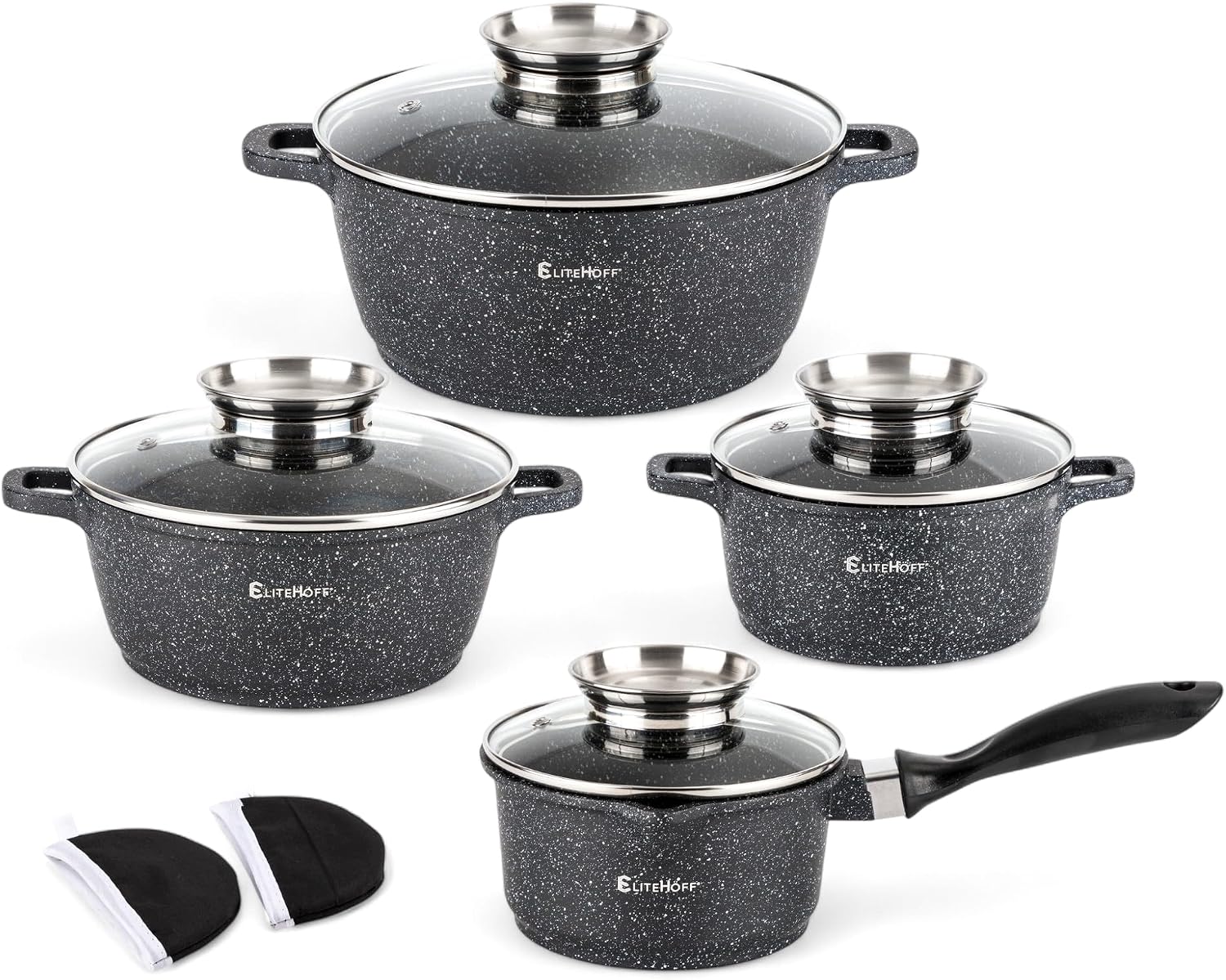 EliteHoff Induction Pot Set with Saucepan 9-Piece Cookware Set 16/16/20/24 cm Cooking Pot with Lid Aluminium Pot Non-Stick Cookware for All Types of Cookers Dishwasher Safe PFOA-Free Black