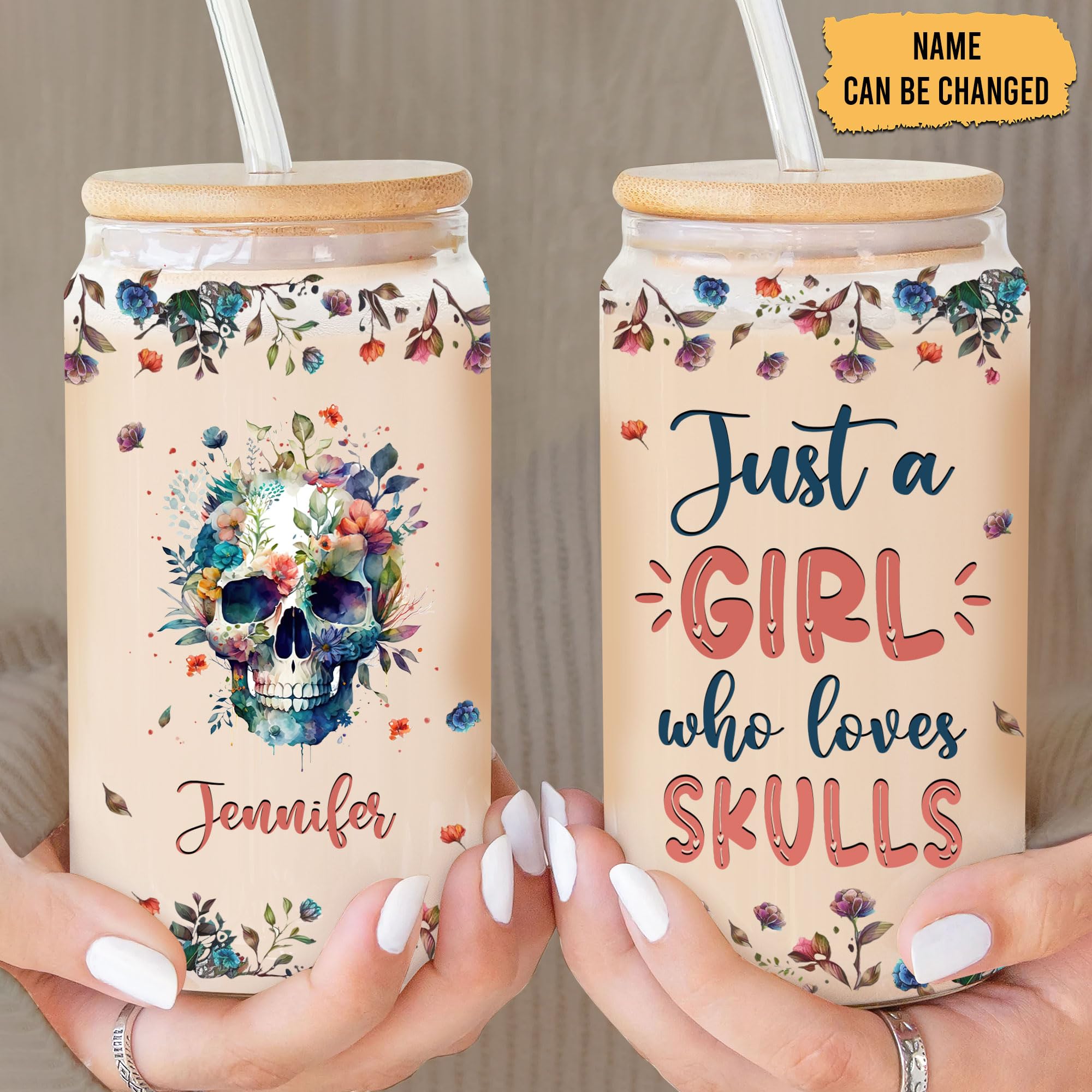 Hyturtle Personalized Glass Can Cup Gifts For Skull Lovers - Custom Name Glass Cup 16 Oz For Her With Lids And Straws - Ideal Gothic Gifts For Women, Girls, Daughter On Birthday Christmas
