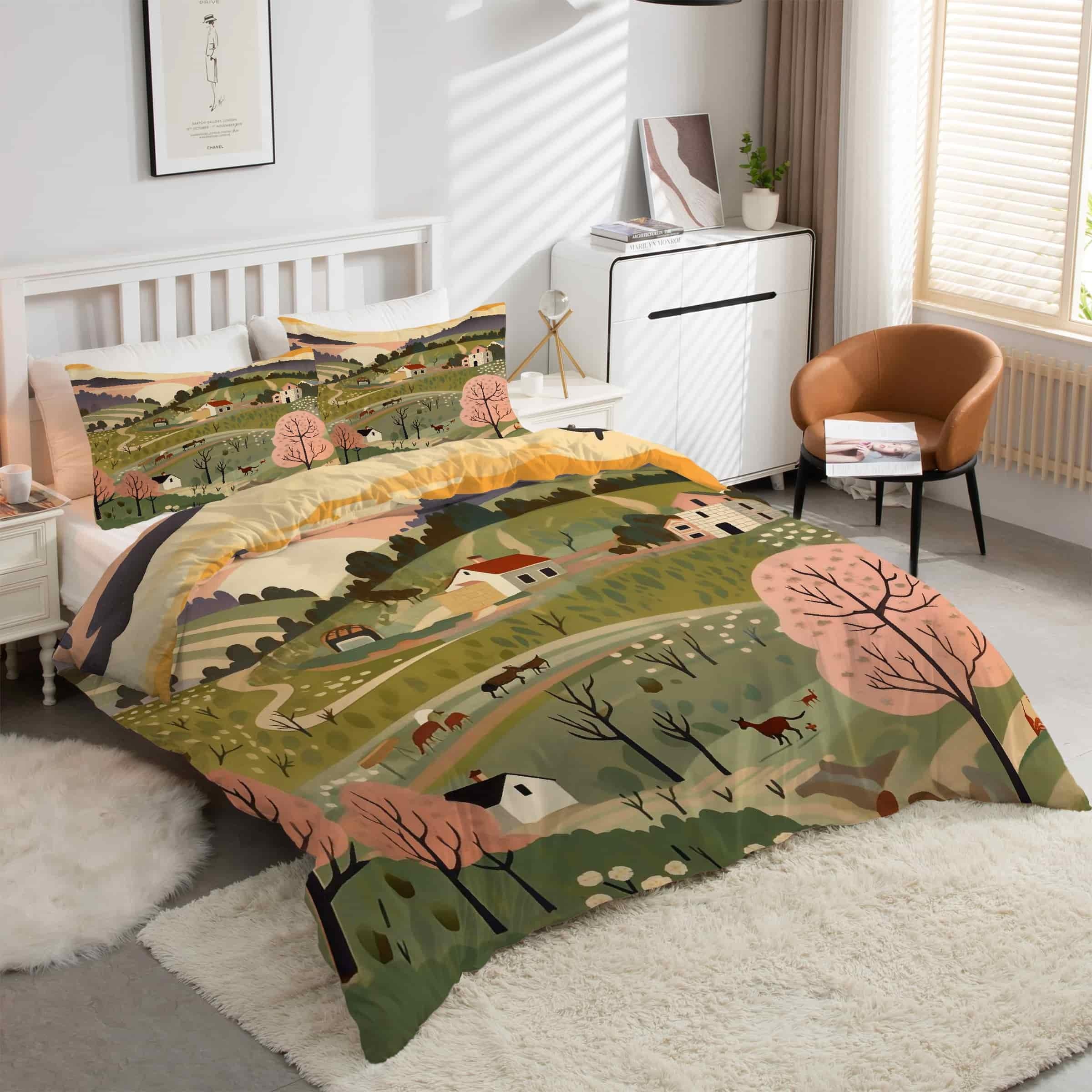 Housse couette microfibre douce ForêTHameau 90x190 avec fermeture éclair et taies