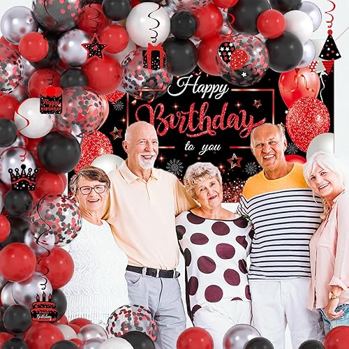 Miniatura 7 de Kit de guirnalda de arco de globos rojos y negros de cumpleaños, globos rojos, negros, blancos, plateados, con telón de fondo de pancarta de feliz