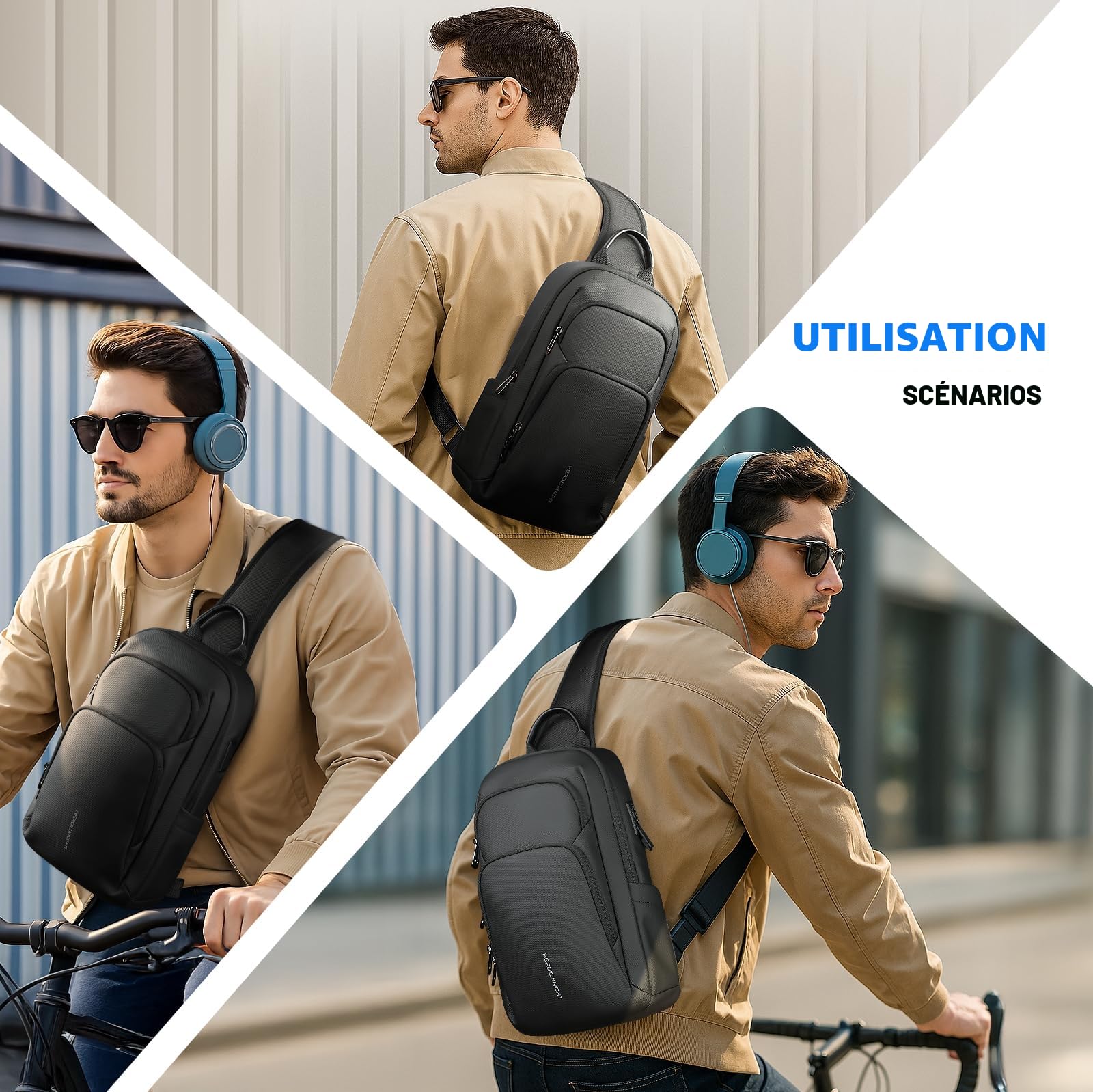 hk Sacoche Homme Bandouliere avec Port de Charge USB Imperméable Sac de Poitrine avec Pochette Latérale Léger Sac à Bandoulière pour iPad 11,3" Antivol pour Voyage Travail Loisirs
