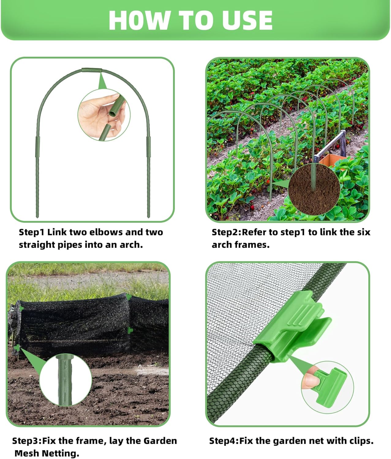 U0U Garden Mesh Netting Kit,7.8 x 24 Ft Plant Netting with Hoops,Bird Net for Garden with 6 Sets Garden Hoops & 18 Clips,Garden Net Bed Cover for Plants Birds Animals Protection (Black)