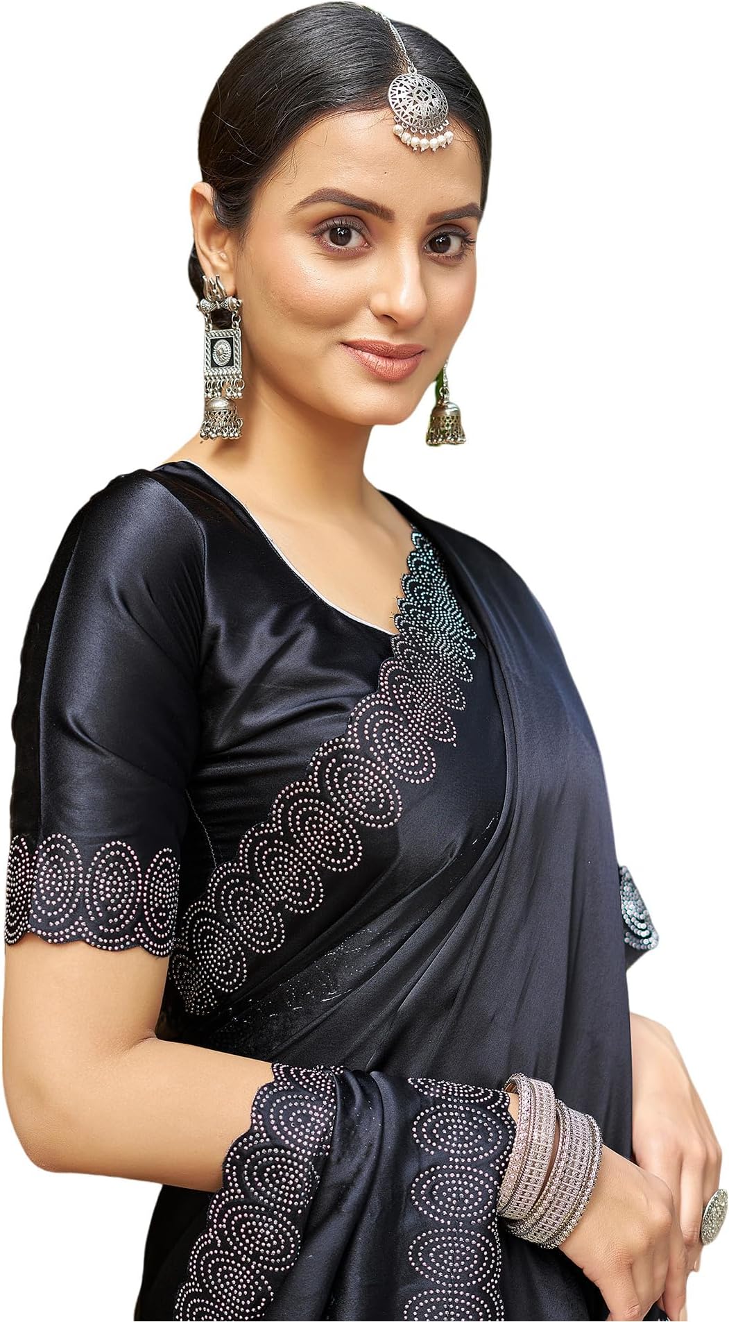 SIRIL Satin Silk Hot Fixing Stone Work Saree for Women With Unstitched Blouse Piece