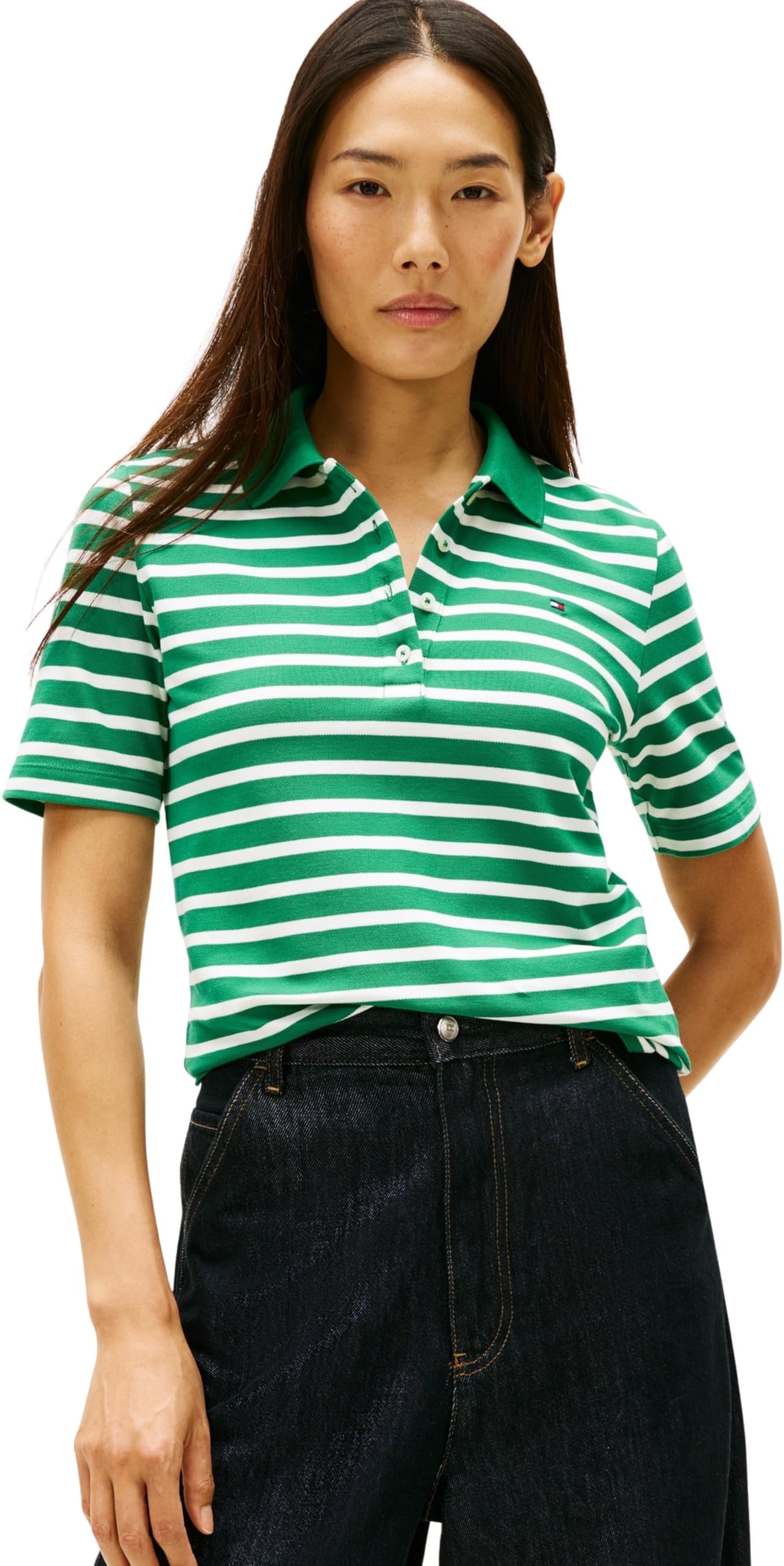 Tommy Hilfiger Women's 1985 REG Pique Polo SS WW0WW43224 S/S Polo, Green (Nouveau Green/Ecru STP), S
