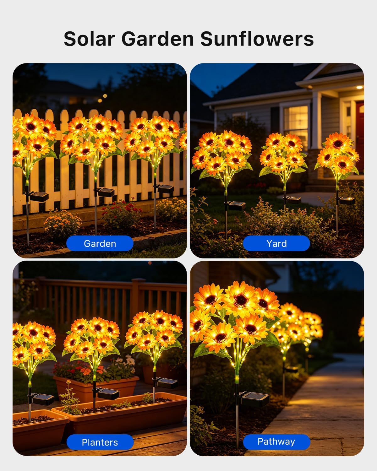 4 Pack Warm White Solar Powered Sunflower Lights, 6 Head LED Outdoor Waterproof Garden Flowers Petal Lighting Yard Decoration for Flower Beds, Planters, Patio, Birthday Gifts for Mom Women Grandma