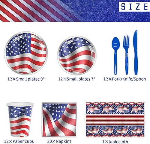 Miniatura 2 de Suministros desechables para fiestas incluye platos de papel del Día de la Independencia, servilletas, vasos de papel, cuchillos, tenedores,