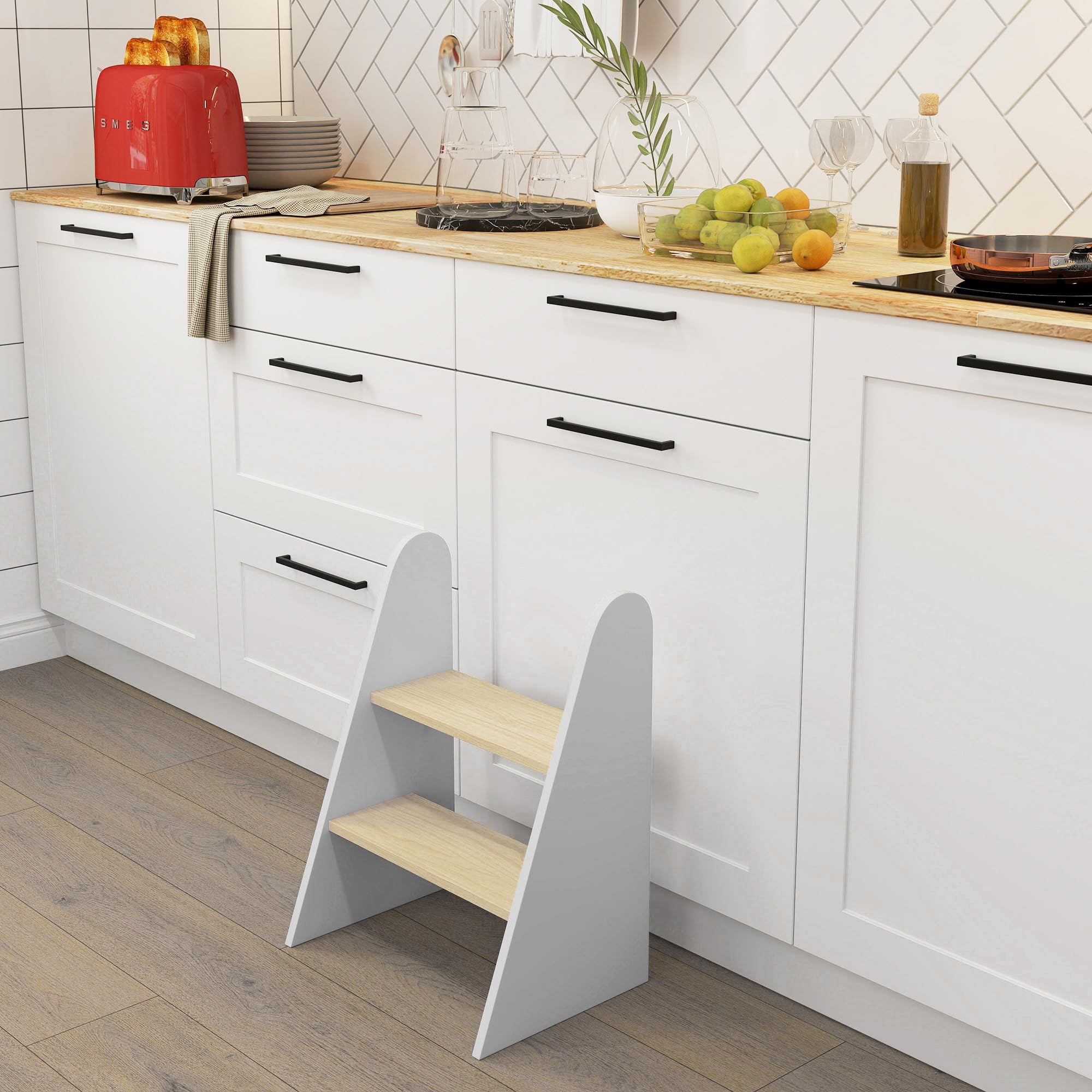 AIYAPLAY Sgabello a 2 gradini per bambini 3-8 anni, 20kg, legno bianco | Sgabello per bambini, per cucina, bagno, addestramento al vasino