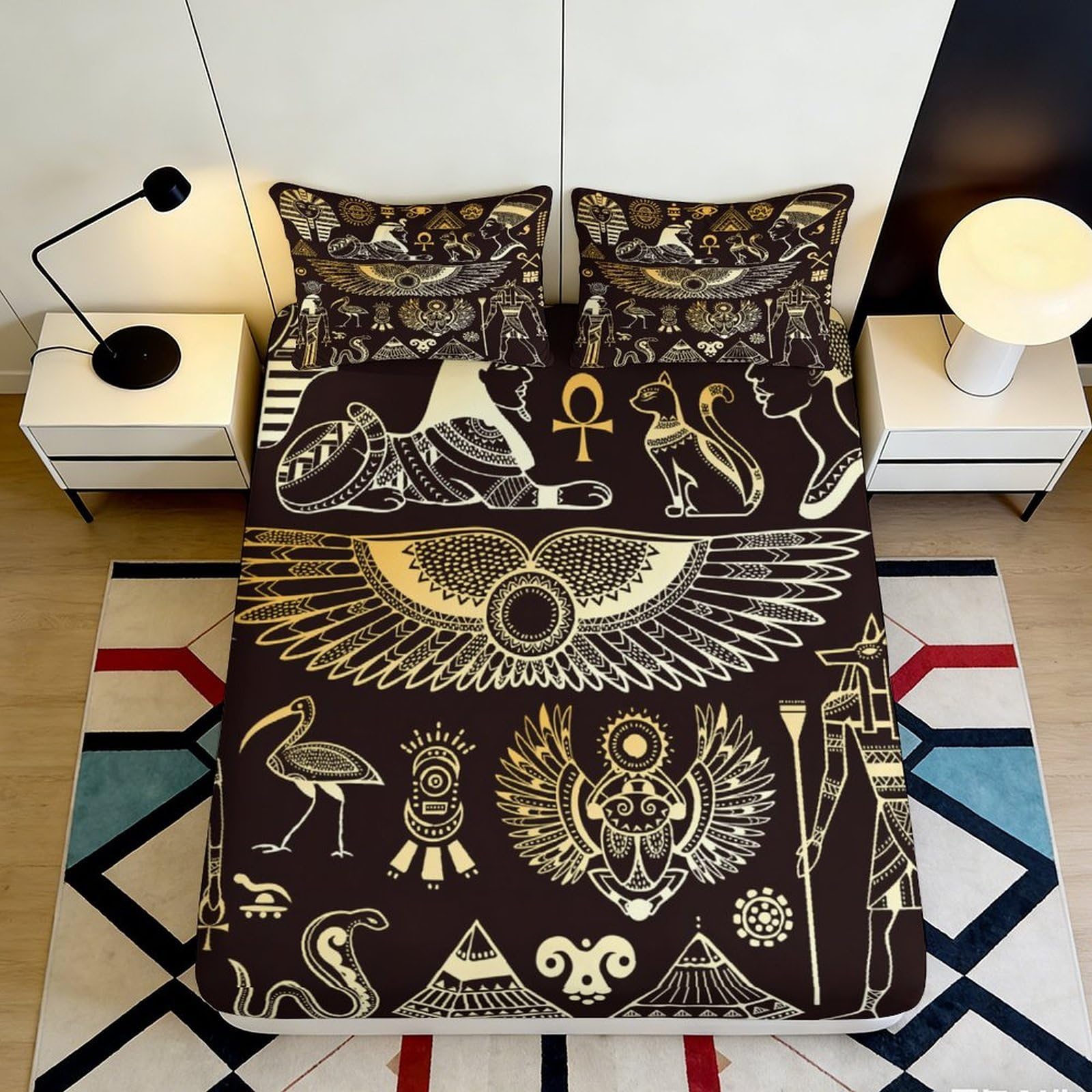 3D Printed Egyptian Sphinx Fitted Sheet Microfiber Soft Breathable Pharaoh Hieroglyph Bed Cover for Bedroom Guest Room Decor 90x200x25cm