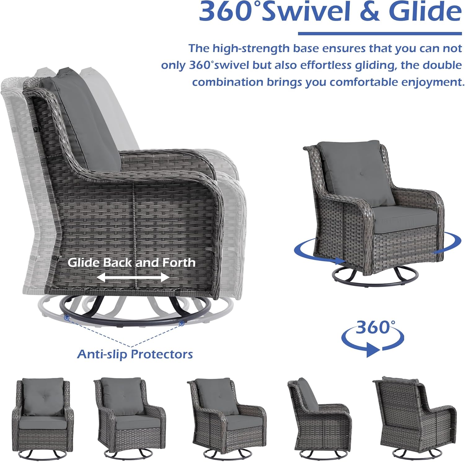 Wumiokio Patio Furniture Sets, 3 Pieces Wicker Outdoor Furniture - 360 Degree Swivel Rocking Chairs and Rattan Side Table for Garden,Porch,Backyard (Grey Wicker/Grey Cushion, 3PCS - Swivel Chairs)