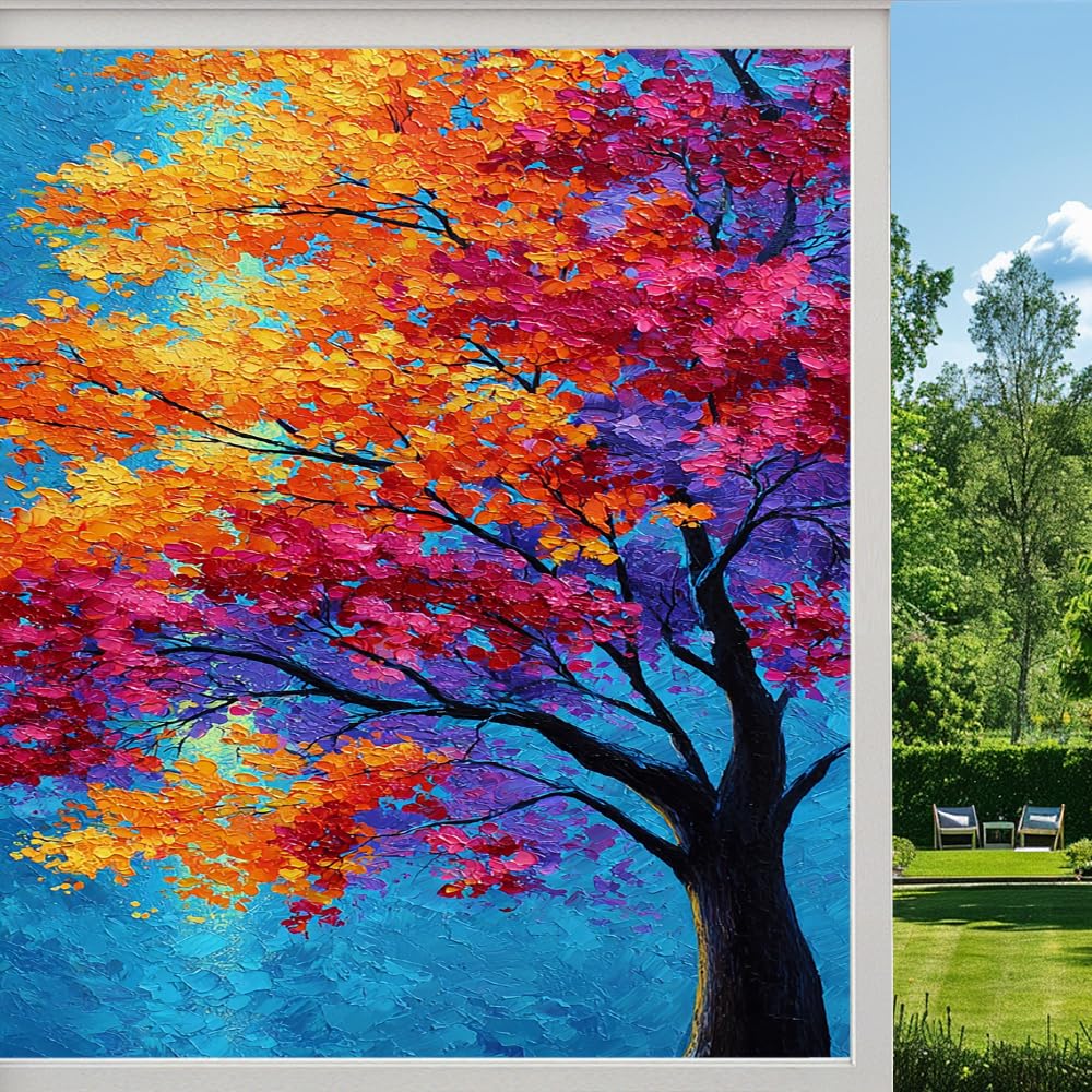 Pmlbaous Colorful Forest Frosted Window Film, Autumn Leaf Plants Rural Stained Glass Privacy Film, Heat Insulation Self-Adhesive Vinyl For Bathroom Office, （55X100cm）