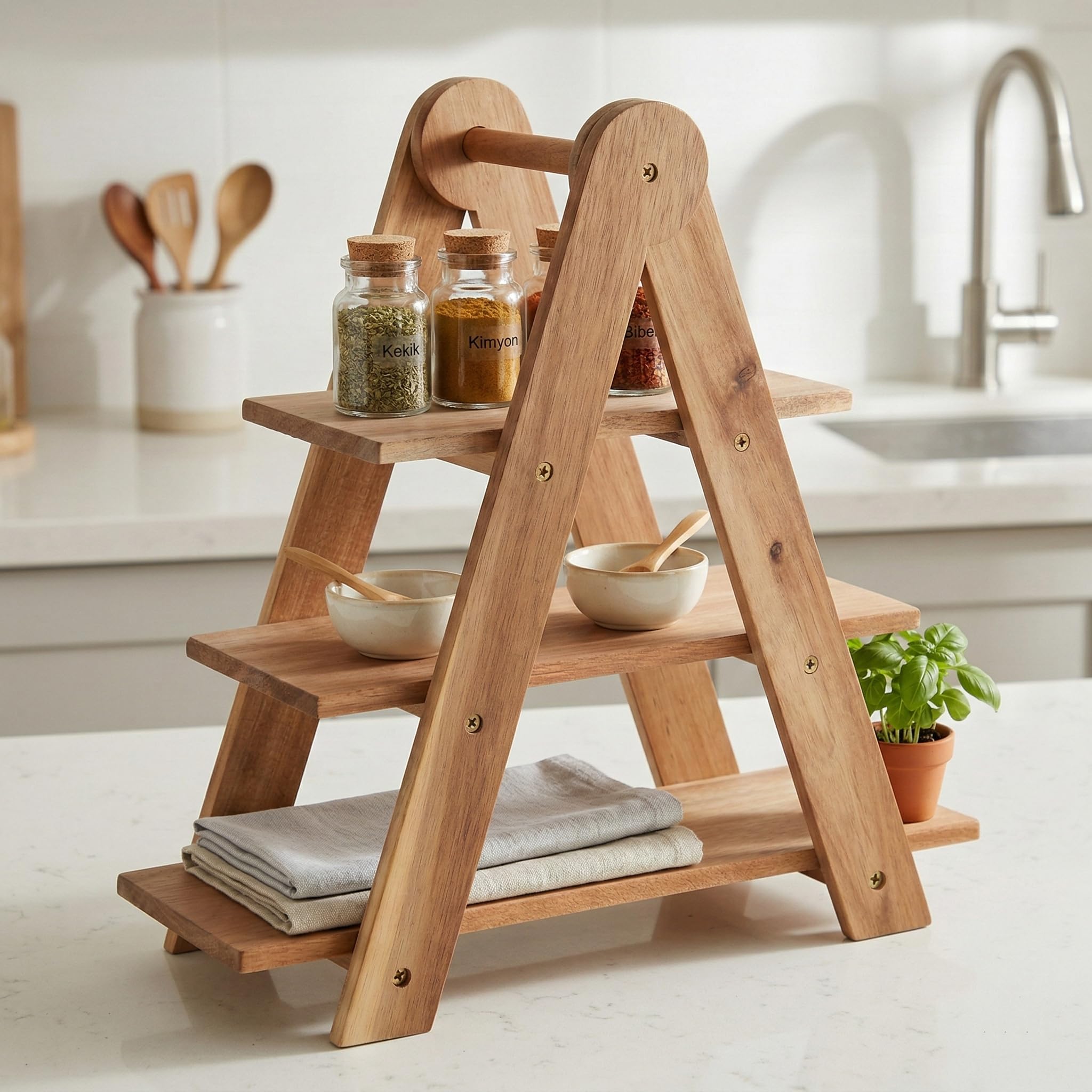 Deconox Doğal Akasya Ahşap 3 Katlı Sunum Standı - 37x12.3x37.5 cm Çok Amaçlı Katlı Servis Tepsisi, Kurabiyelik ve Peynir Sunumluğu