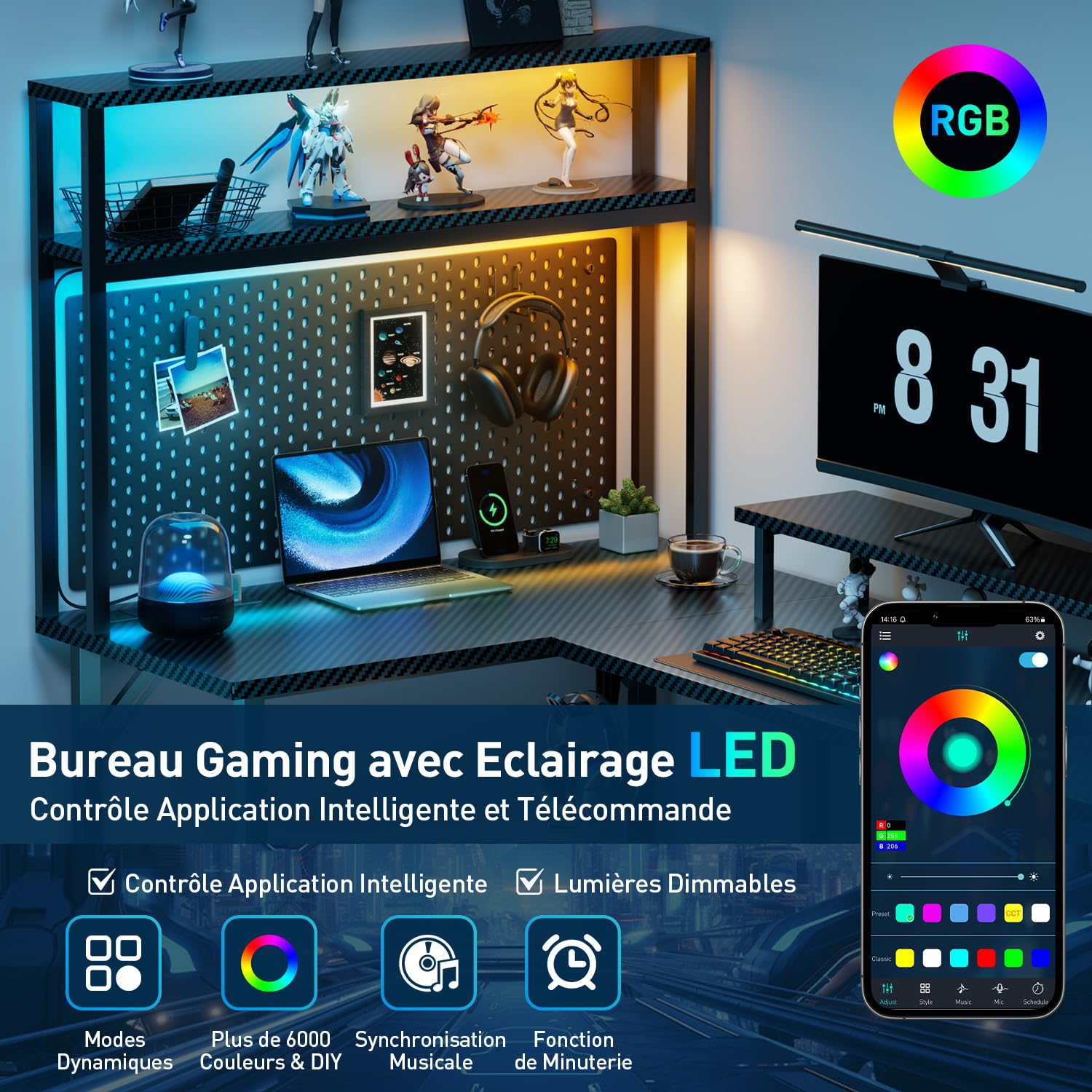 HLFURNIEU Bureau Gaming en L LED, 150 x 100 cm, Noir | Prise Intégrée, Ports USB, Étagères, Surface en Fibre de Carbone