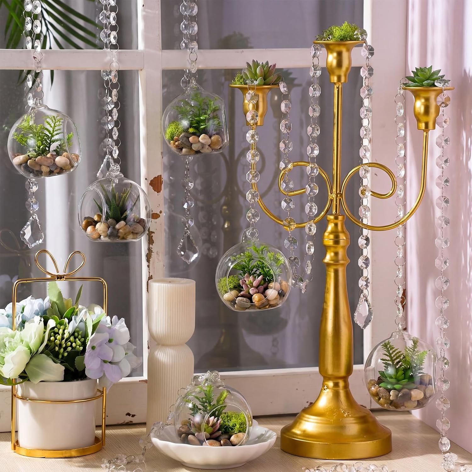 112 Pcs 3.15'' Hanging Glass Tealight Holder with Clear K9 Crystal Garland Strands and Maple Leaf Pendants Globe Plant Terrariums Glass Orbs for Wedding Party Valentine Decoration
