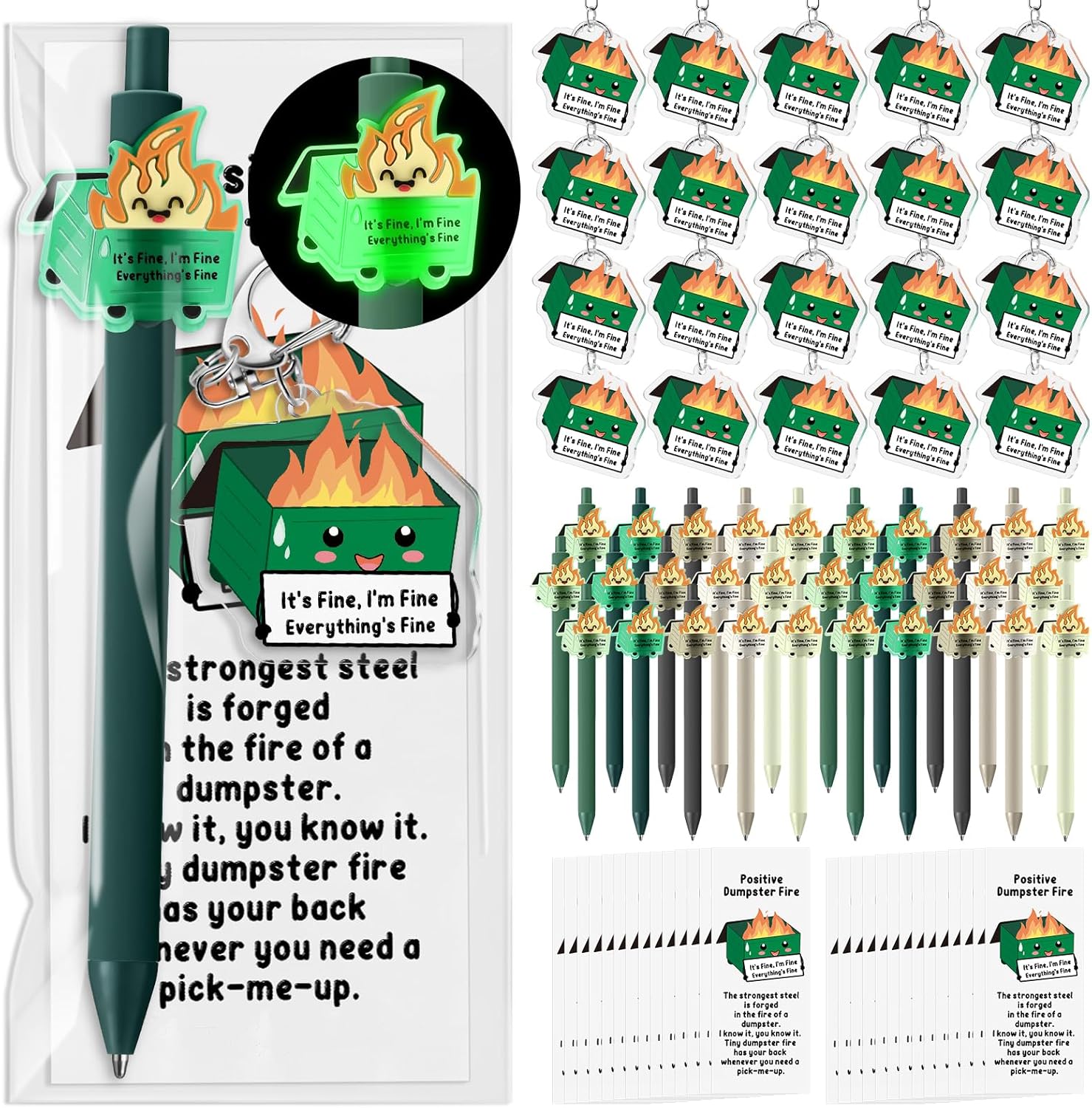 Sinload 30 Sets Luminous Dumpster Fire Pens and Keychain Bulk Teacher Appreciation Week Funny Office Gifts for Coworker Nurse