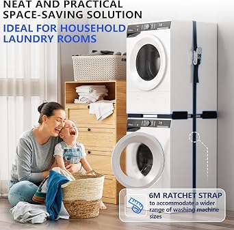 Washer Dryer Stacking Kit, Universal Stacking Kit for Washer and Dryer, Adjustable Frame for 45~68cm Stackable Washer and Dryer Stacking with Ratchet Strap (Black)