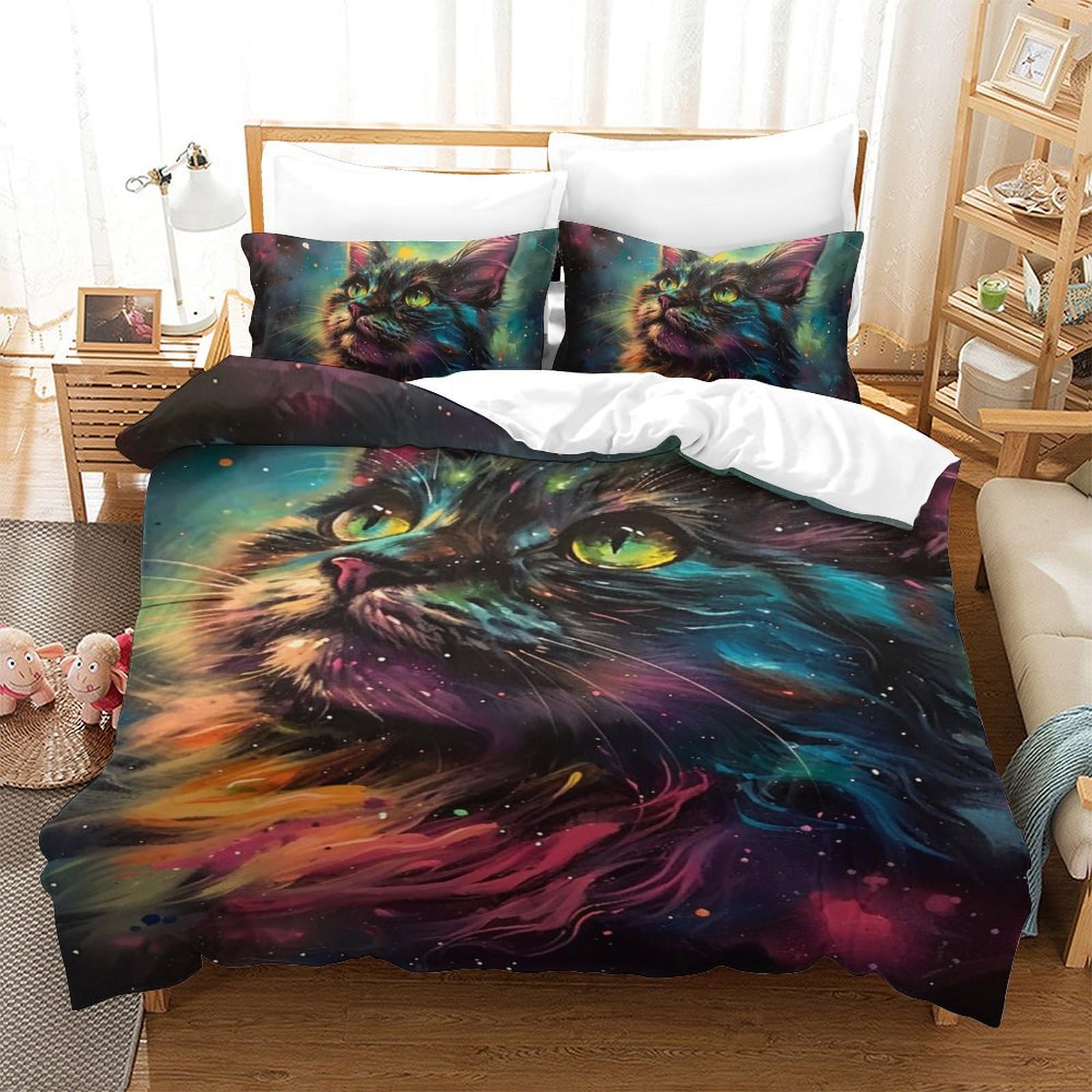 Housse de couette chat 3D coloré 140x200 microfibre avec taies d'oreiller