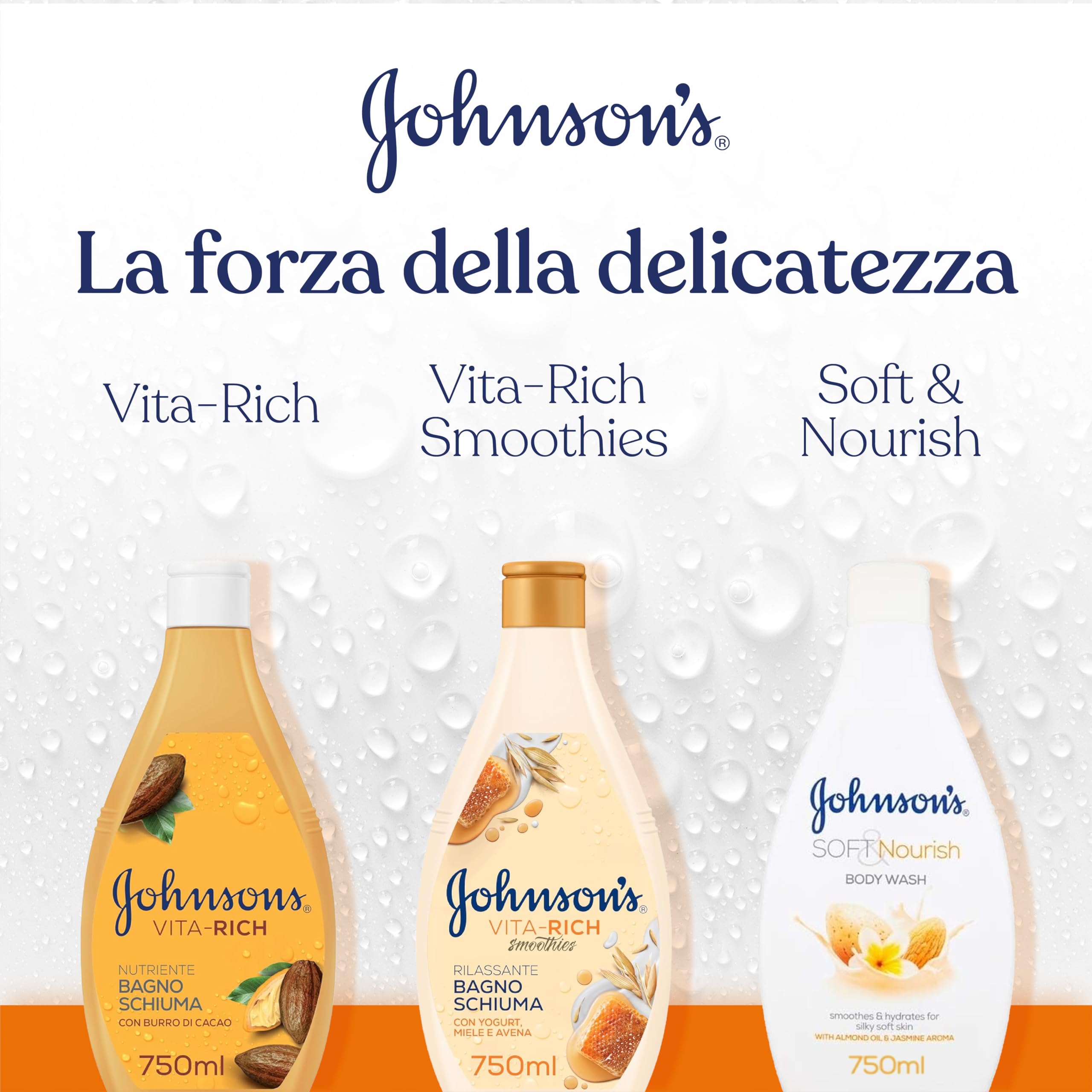 Johnson's Vita-Rich Bagnoschiuma Nutriente, Bagnodoccia con Burro di Cacao e Glicerina di origine vegetale, Docciaschiuma delicato e idratante per una pelle profumata e dall'aspetto sano, 750 ml