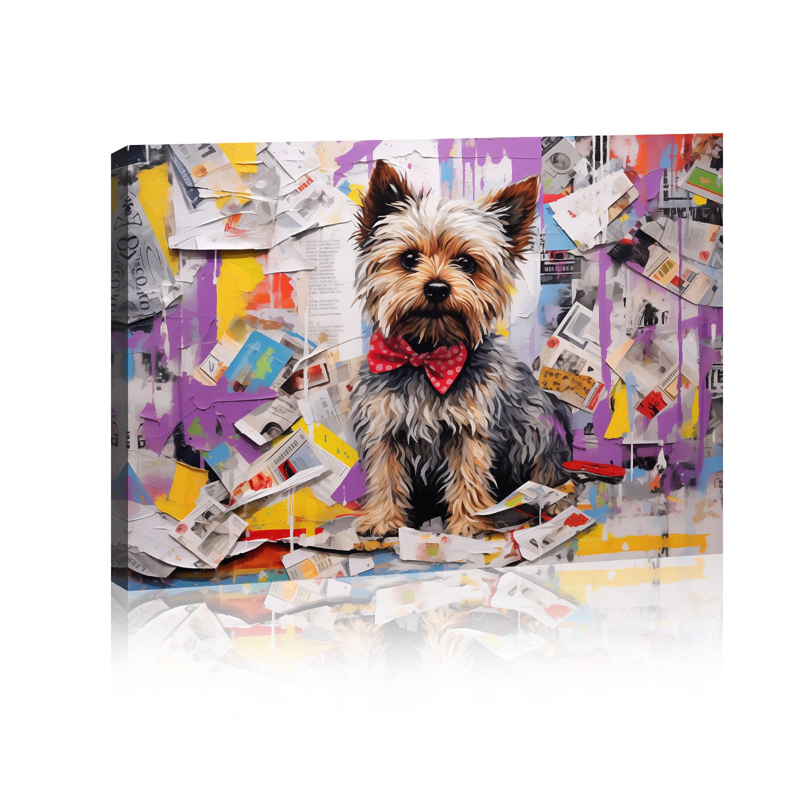 Dog with Bow Tie Wall Art Canvas Whimsical Pet Painting for Living Room Bedroom Home Decorations Framed Ready To Hang 12x16 inches