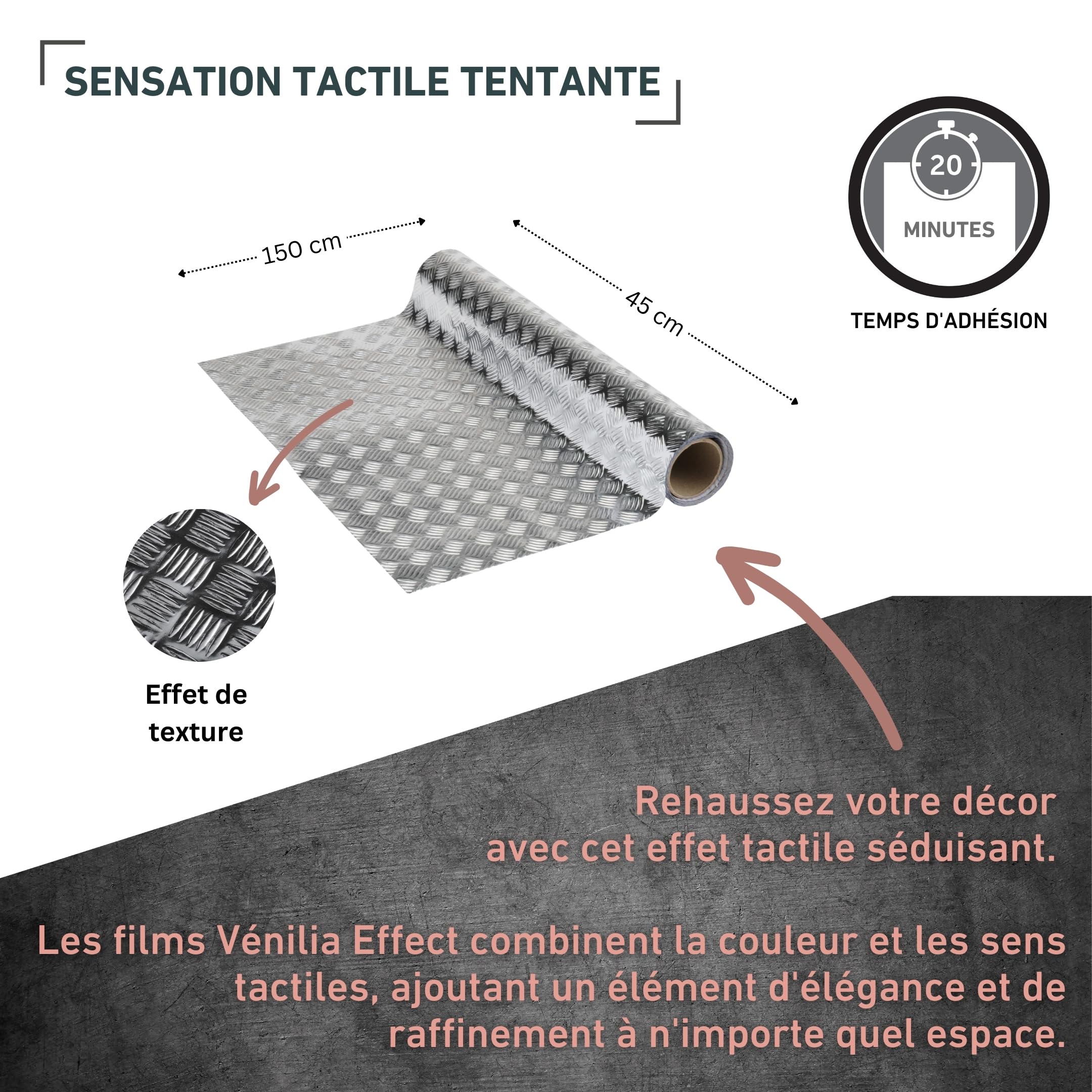 Venilia film adhésif effet industriel 45x150 cm,revêtement autocollant pour meuble et surface intérieure,style métal strié brillant avec texture,facile à poser pour cuisine,armoire, porte,argent,53127